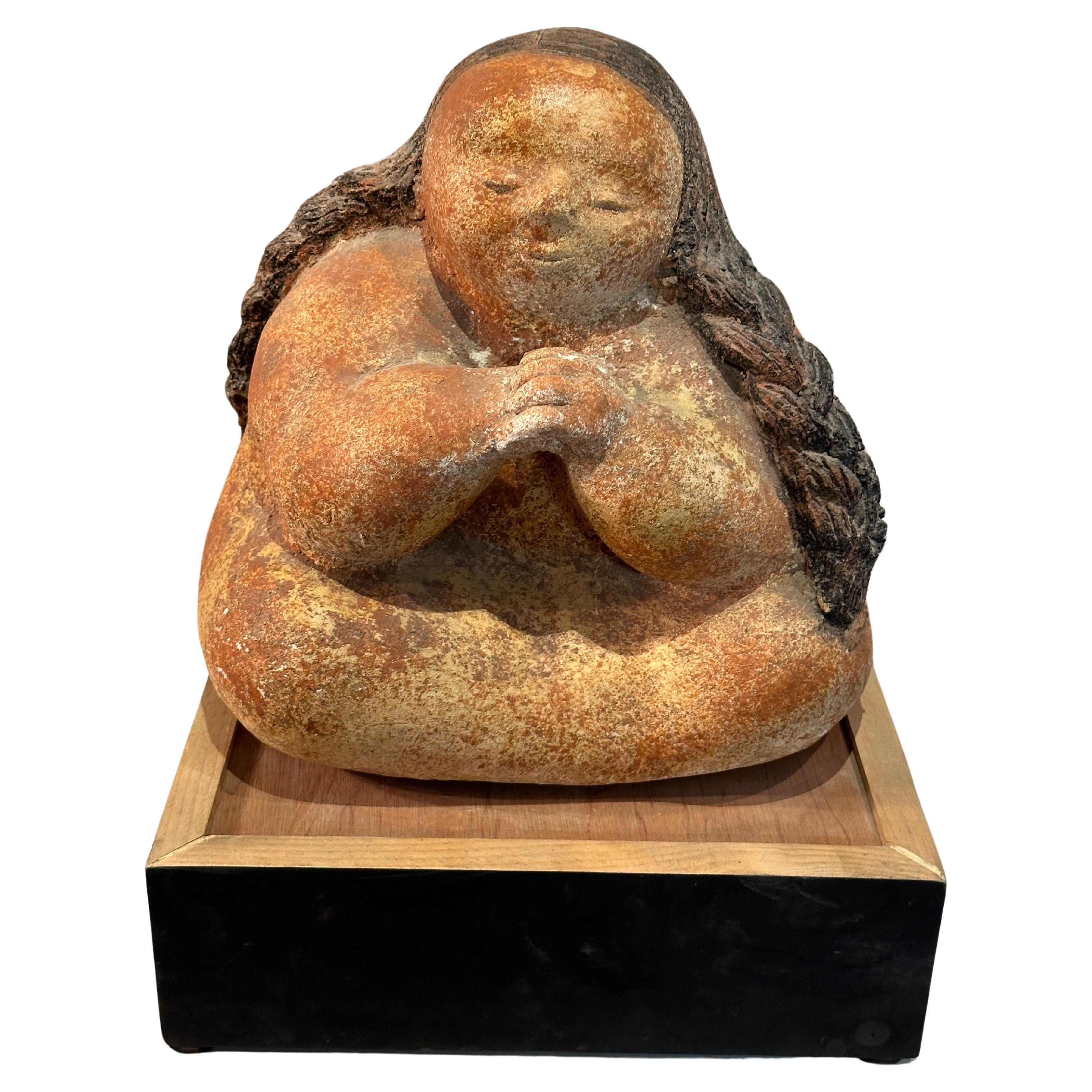  Meditating Girl Statue - Sculpture in Pyrophyllite Patinated Stone For Sale