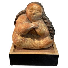 Retro Patinated Stone of a Meditating Girl in Pyrophyllite Stone