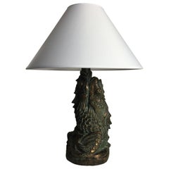 Patinated Terracotta Fish Lamp with Shade