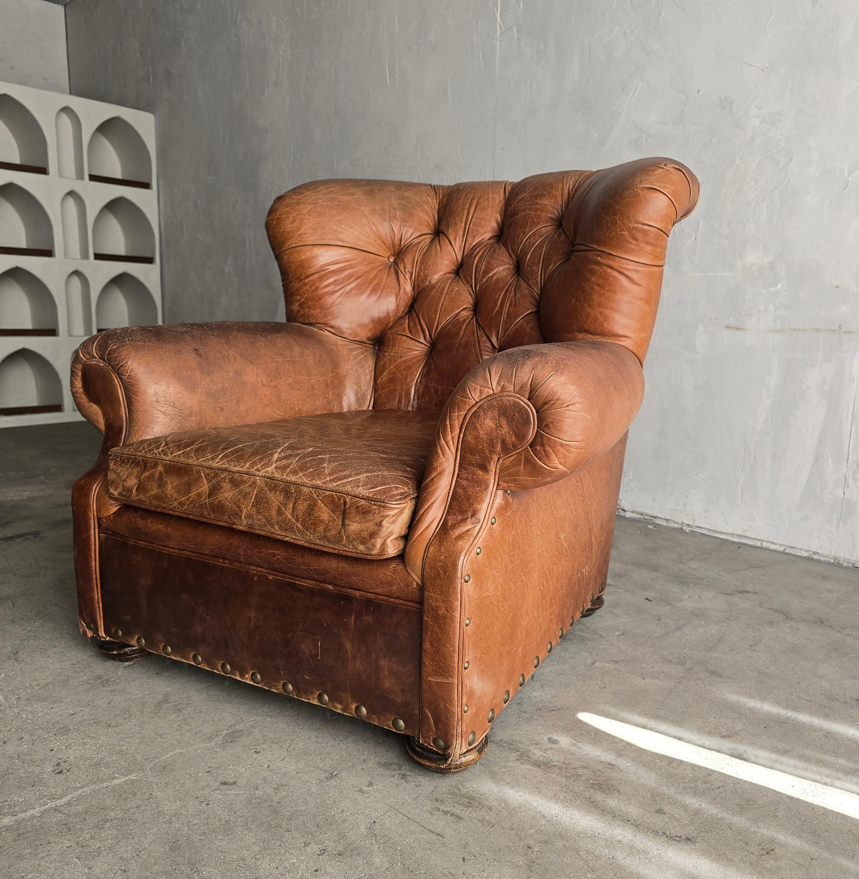 When the patina makes the piece. This incredible patinated leather club chair is comfortably worn, broken in and ready for its next life. Large on size and style, I envision it as a store fixture or as the center of attention in a well appointed