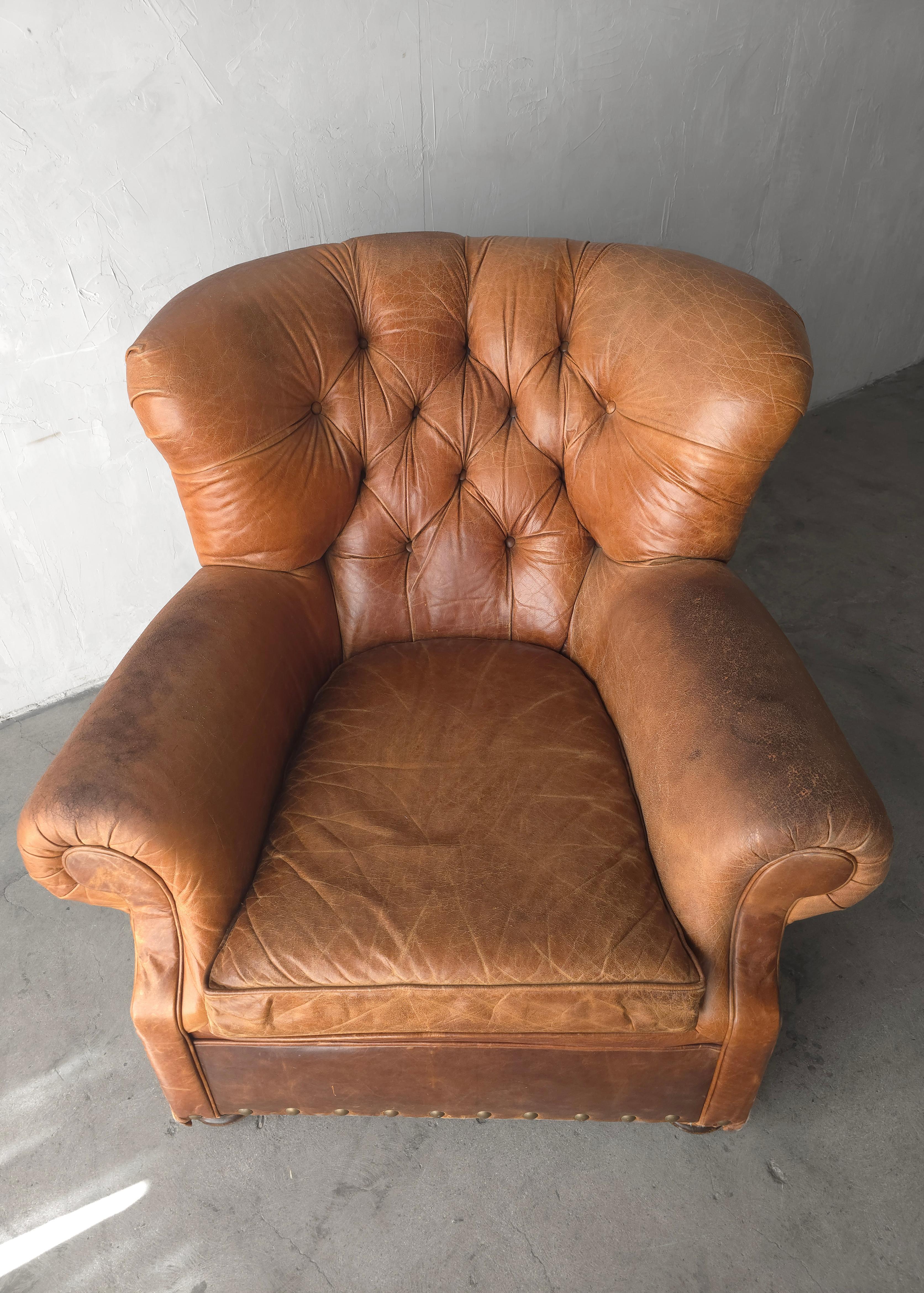 Chesterfield Patinated Tufted Leather Club Chair For Sale