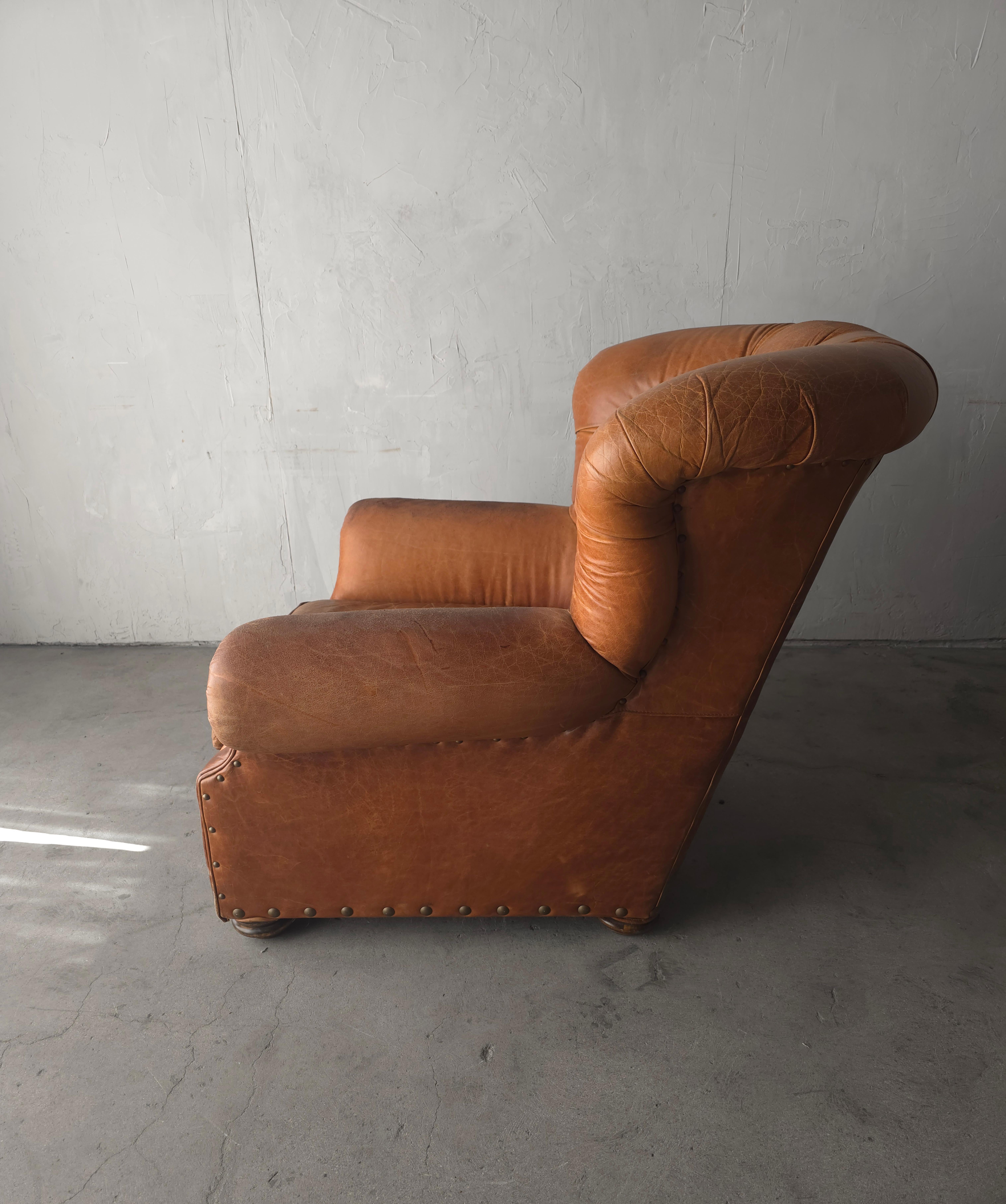 Patinated Tufted Leather Club Chair For Sale 1