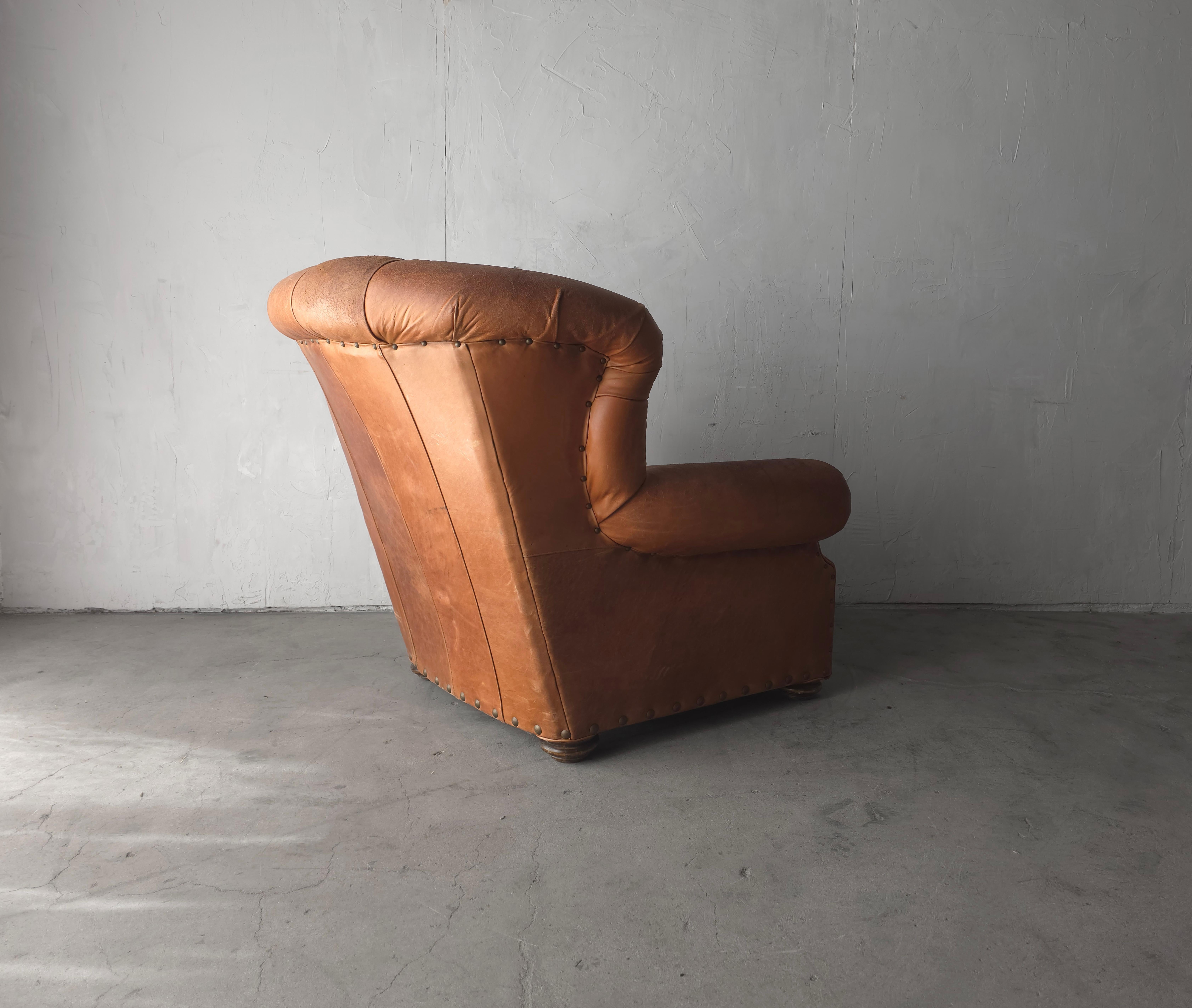 Patinated Tufted Leather Club Chair For Sale 2