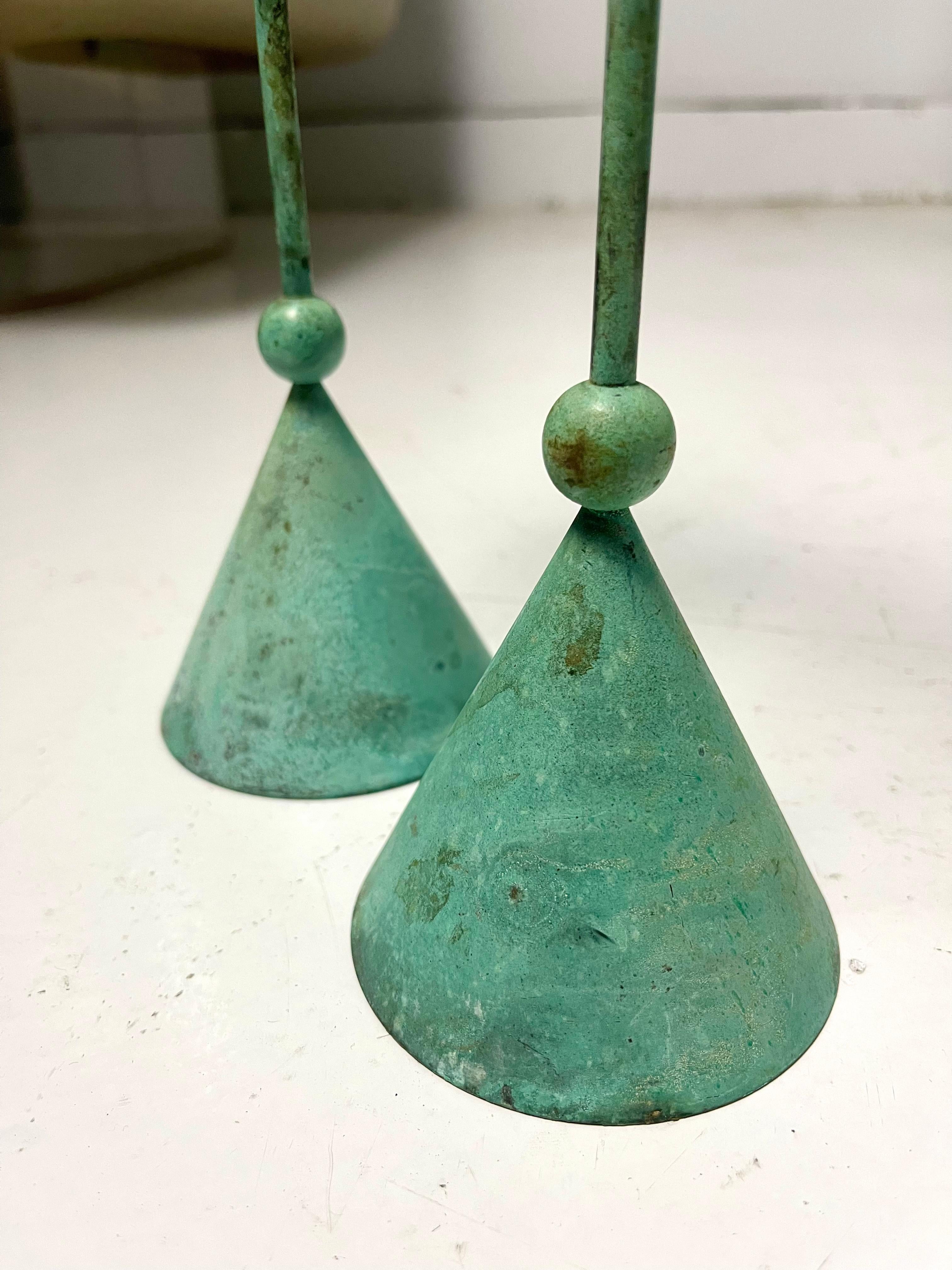 Pair of Postmodern candle holders with a gorgeous Verdigris patina. Beautiful mix of postmodern and ancient fits into any interior with ease and adds instant character.