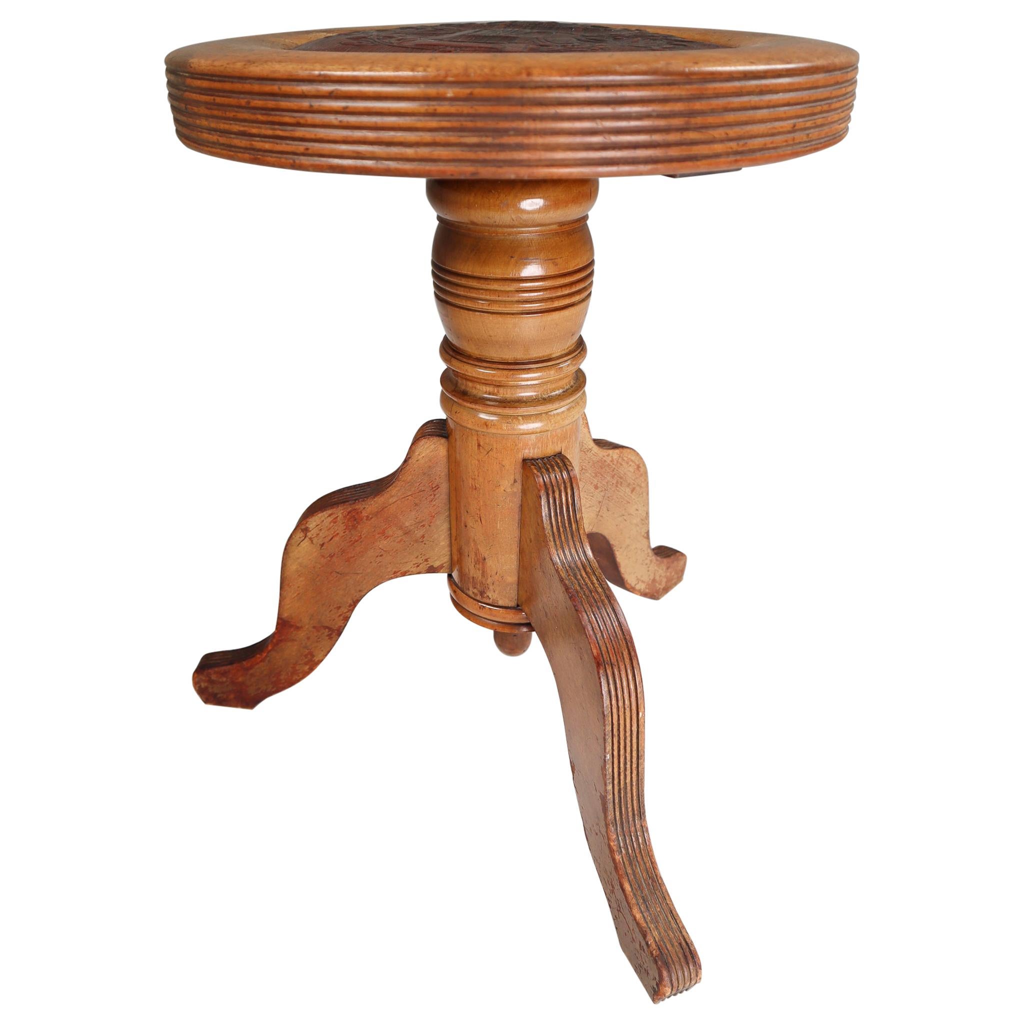 Patinated Victorian Era Walnut Adjustable Harp Stool with Original Leather Seat
