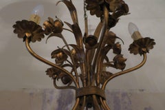 Patinated Vintage Gilt Tole Chandelier with Roses