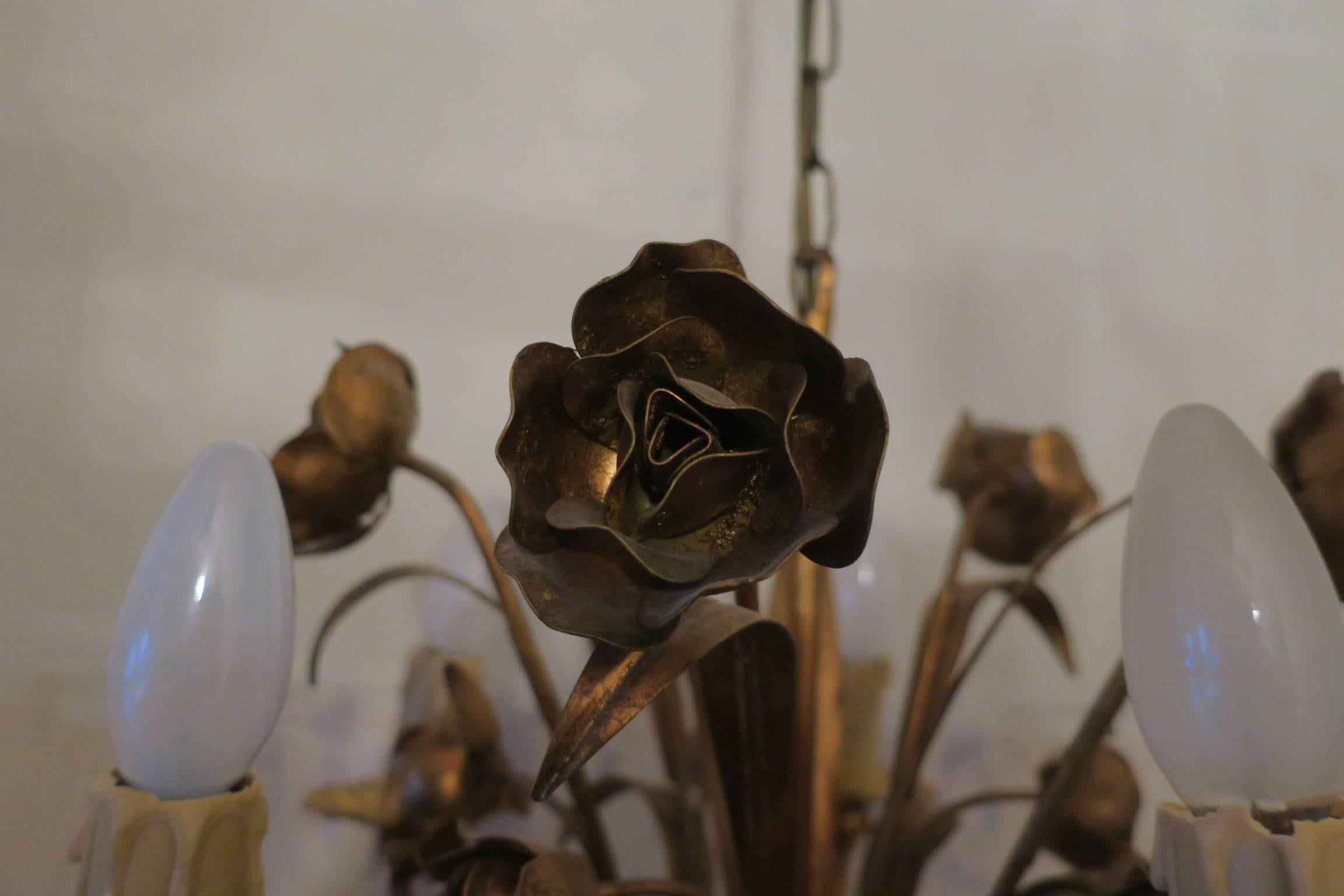 Metal Patinated Vintage Gilt Tole Chandelier with Roses For Sale