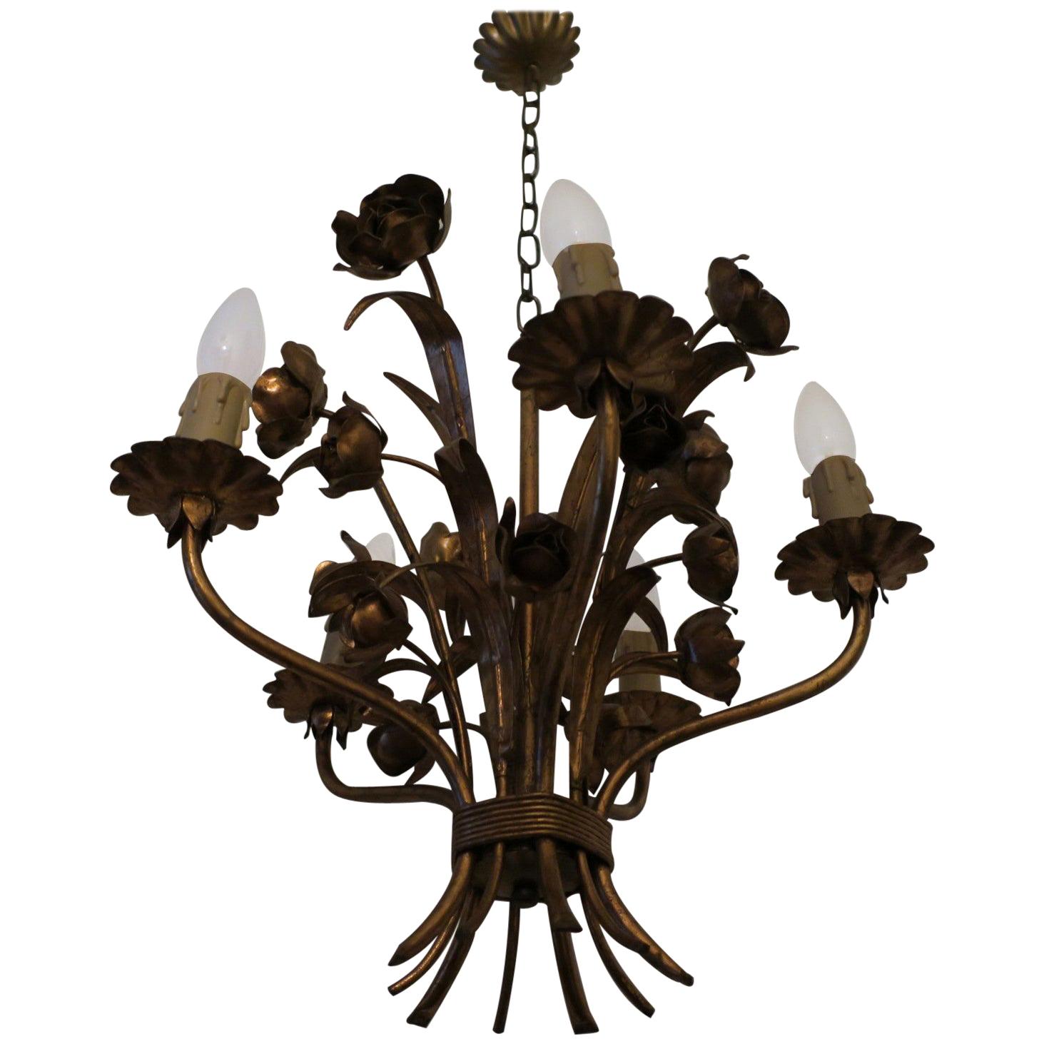 Patinated Vintage Gilt Tole Chandelier with Roses For Sale