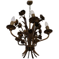 Patinated Vintage Gilt Tole Chandelier with Roses