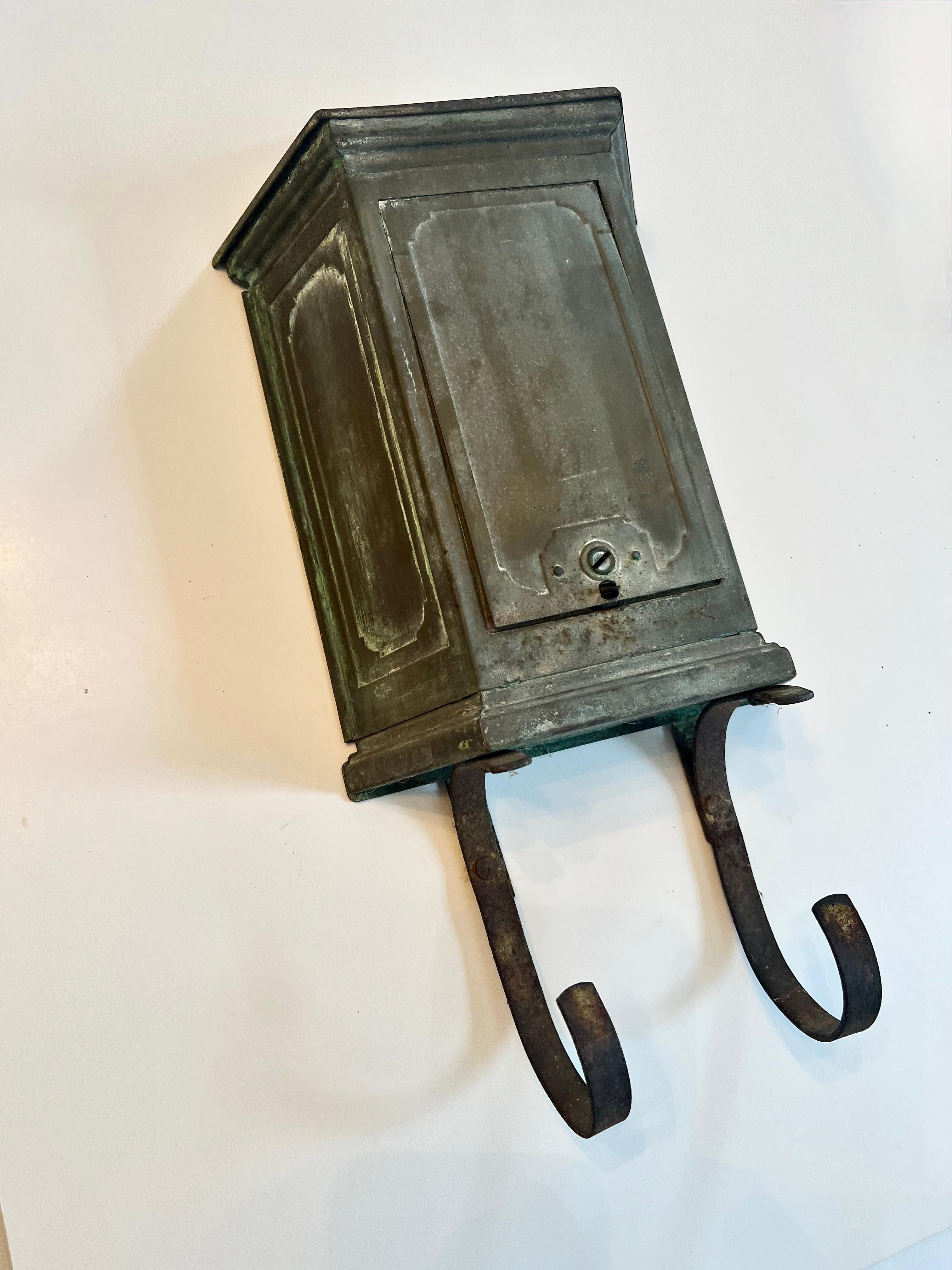 Patinated Wall Mount Metal Mail and Paper Box with Door In Good Condition For Sale In Los Angeles, CA