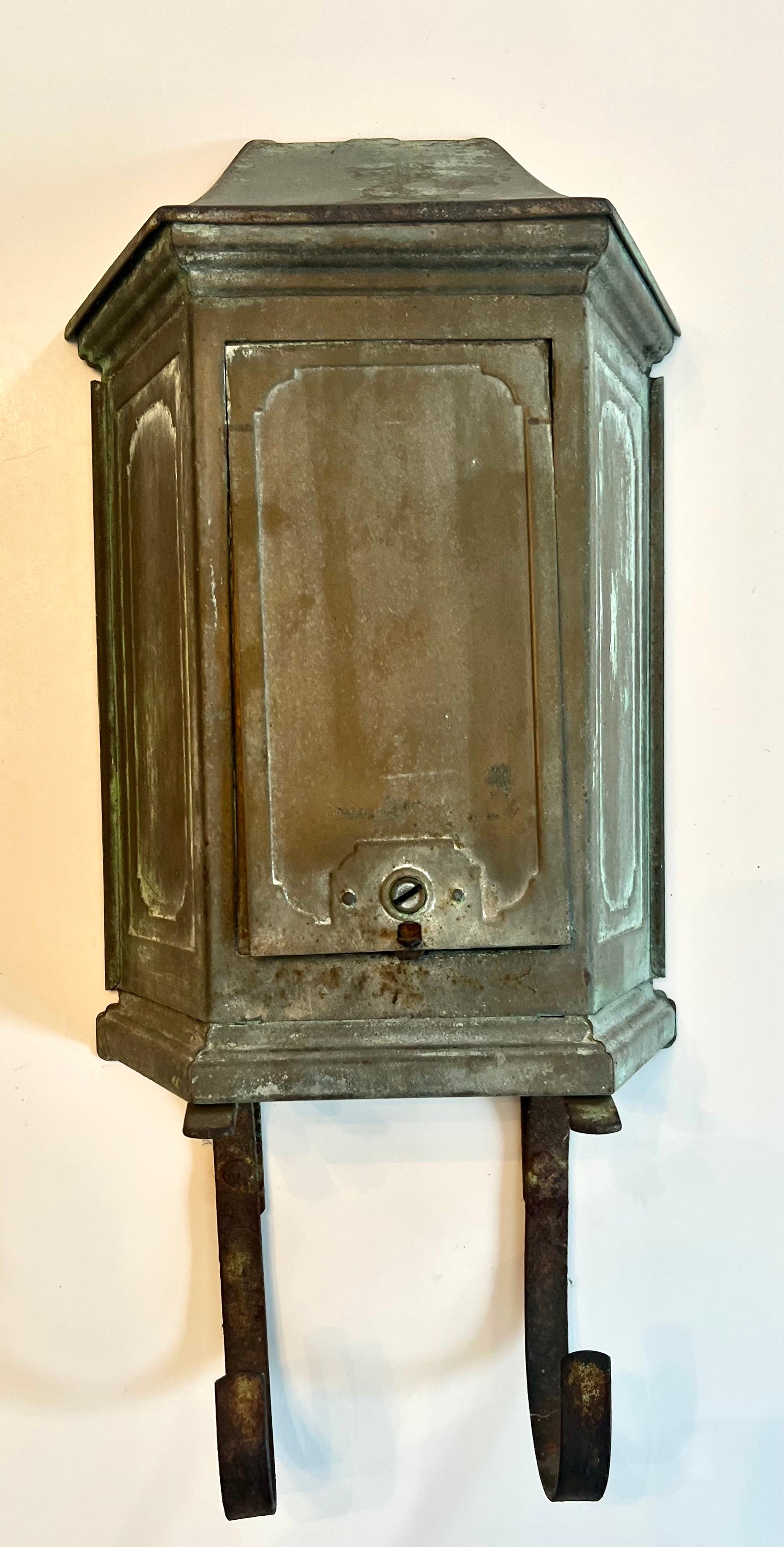 20th Century Patinated Wall Mount Metal Mail and Paper Box with Door For Sale