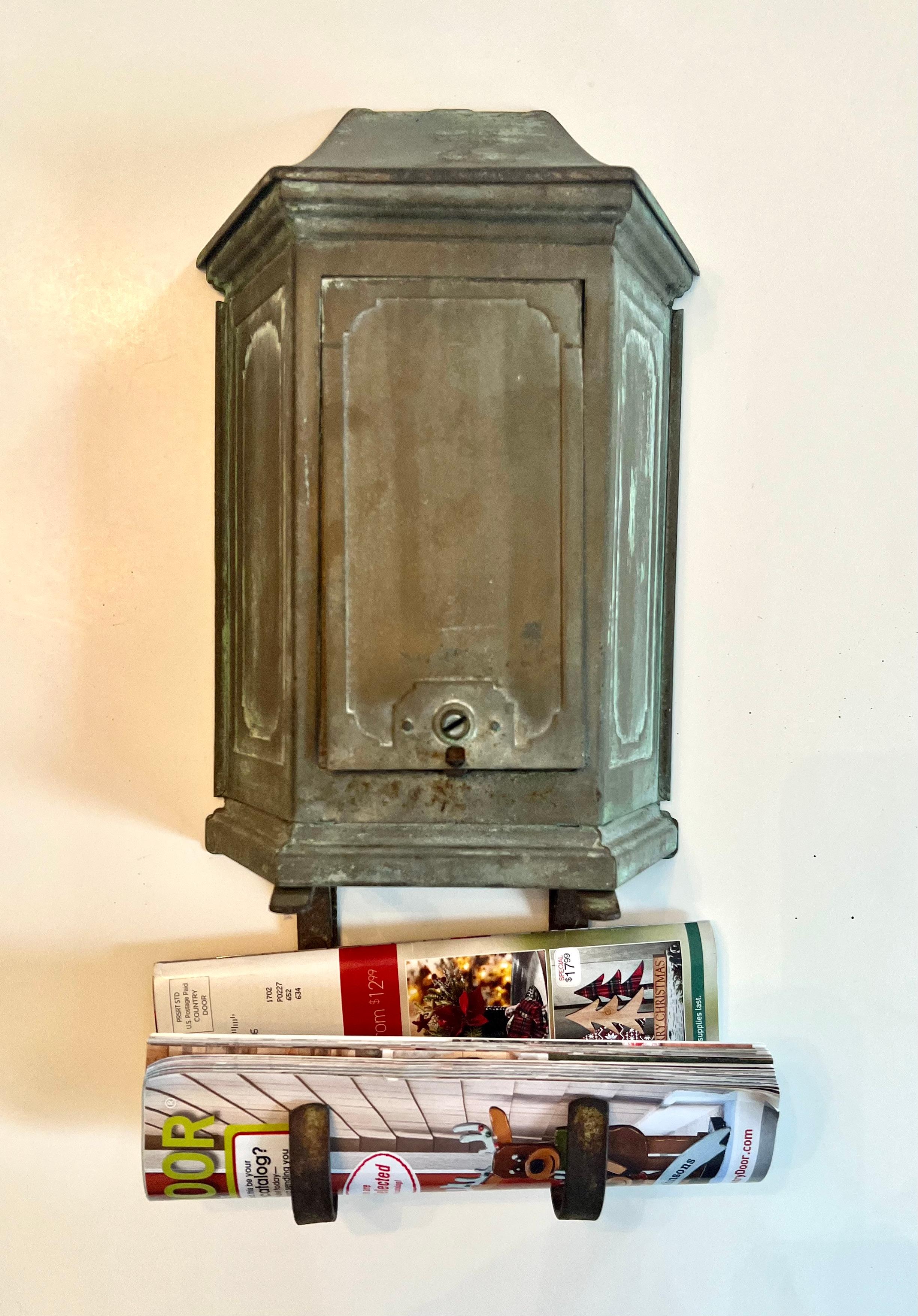 Patinated Wall Mount Metal Mail and Paper Box with Door For Sale 1