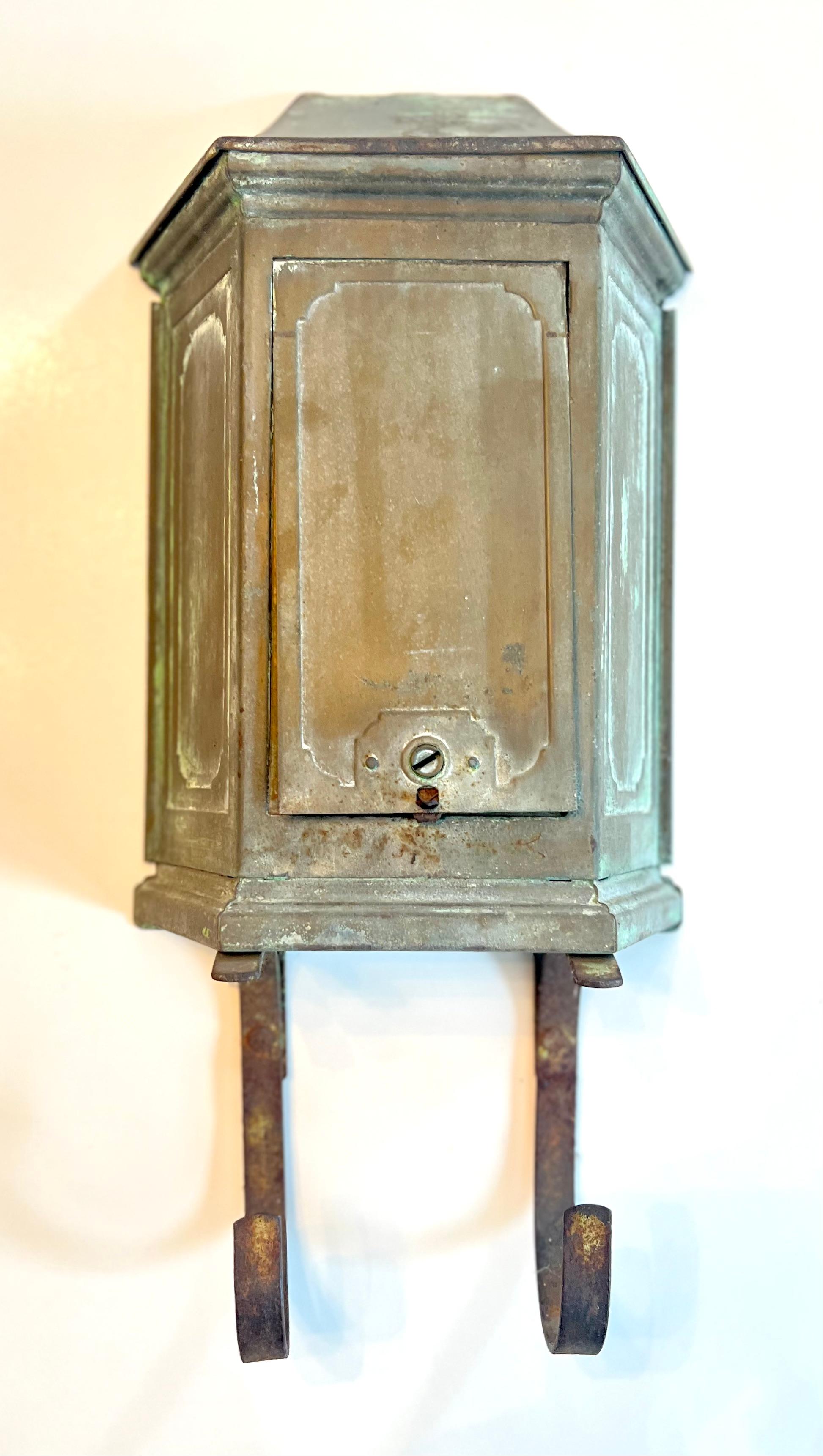 Patinated Wall Mount Metal Mail and Paper Box with Door For Sale 2