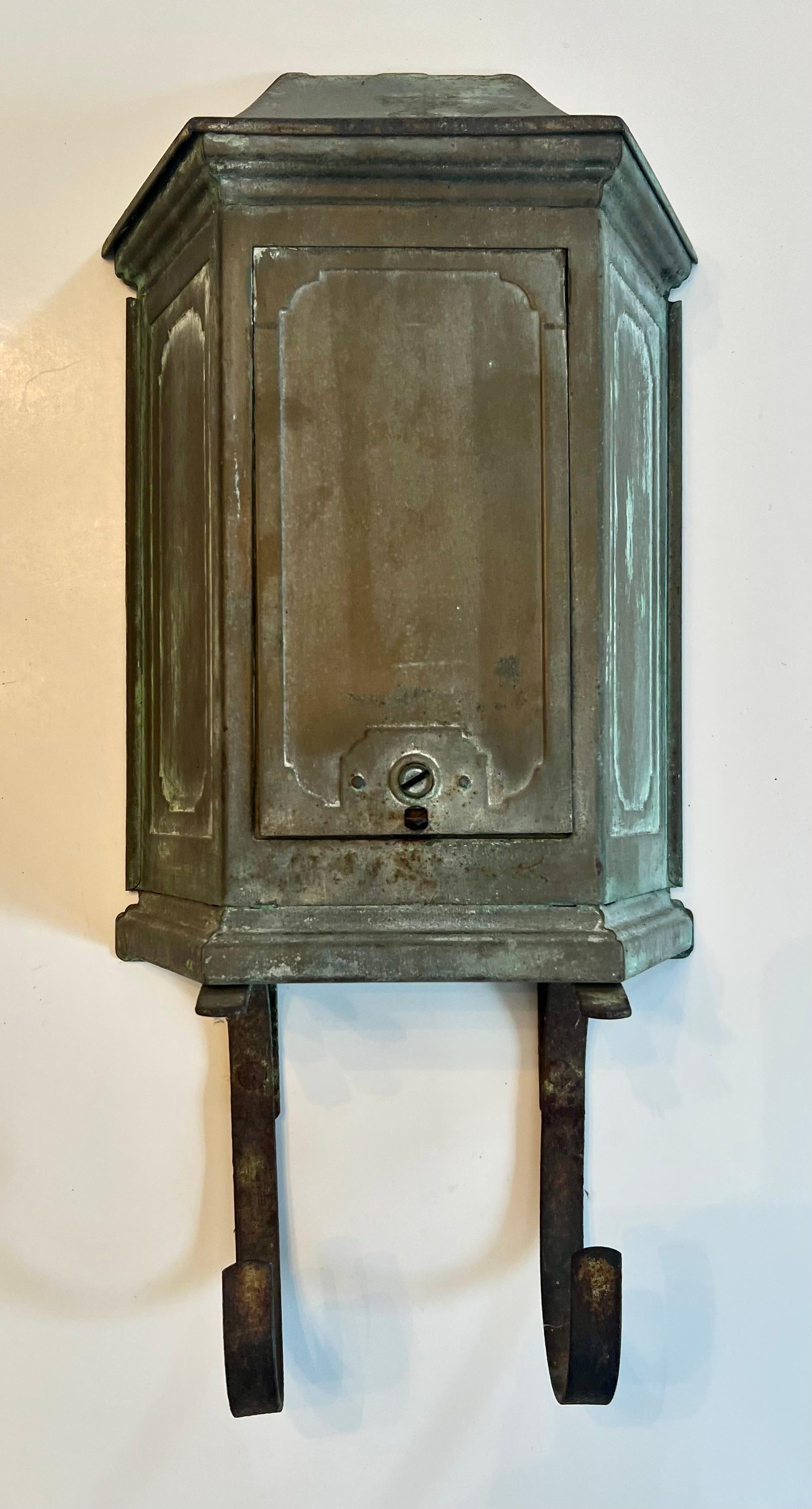 Patinated Wall Mount Metal Mail and Paper Box with Door For Sale 3