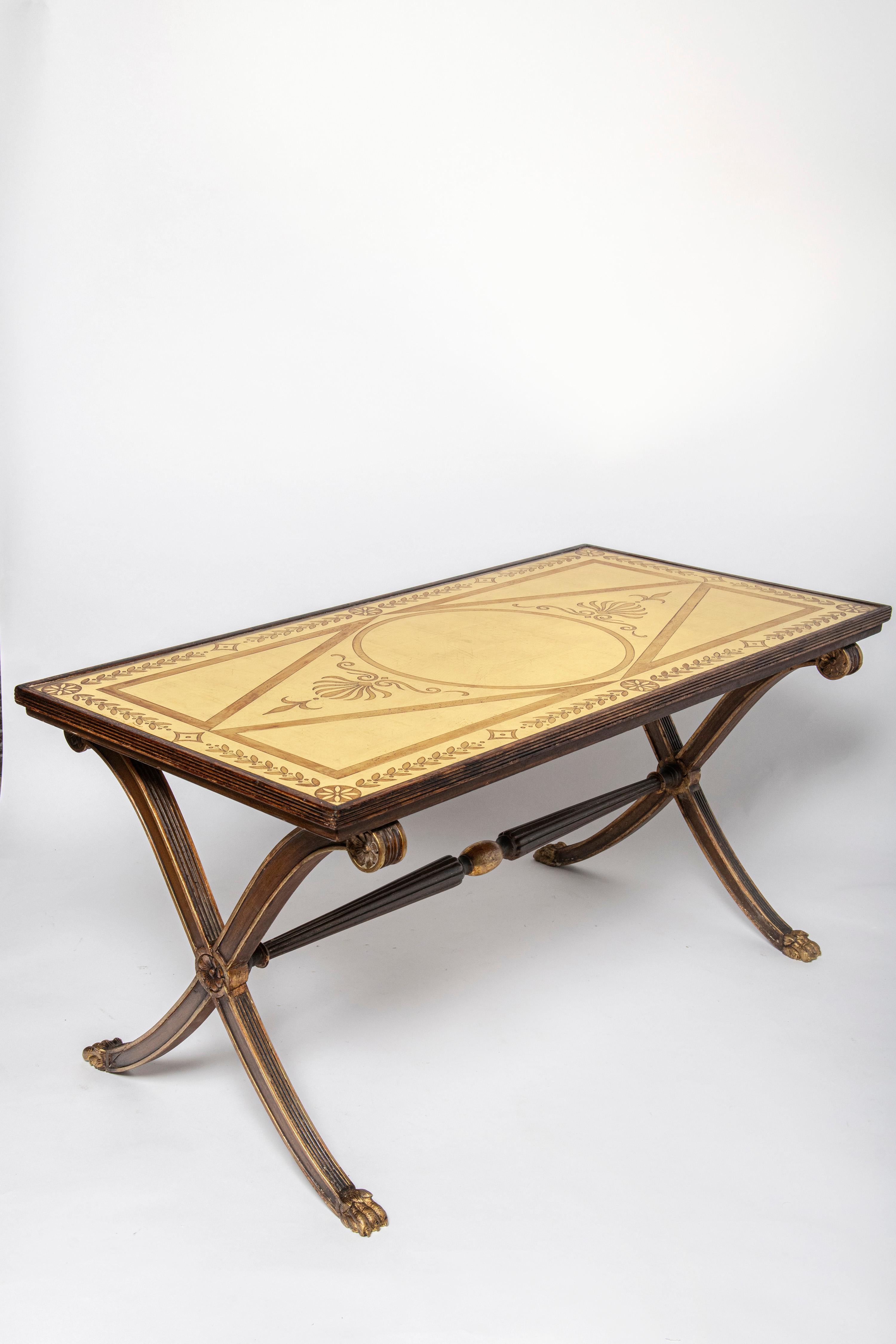 Patinated wood and acid etched glass low table attributed to Maison Jansen. France, circa 1950. 