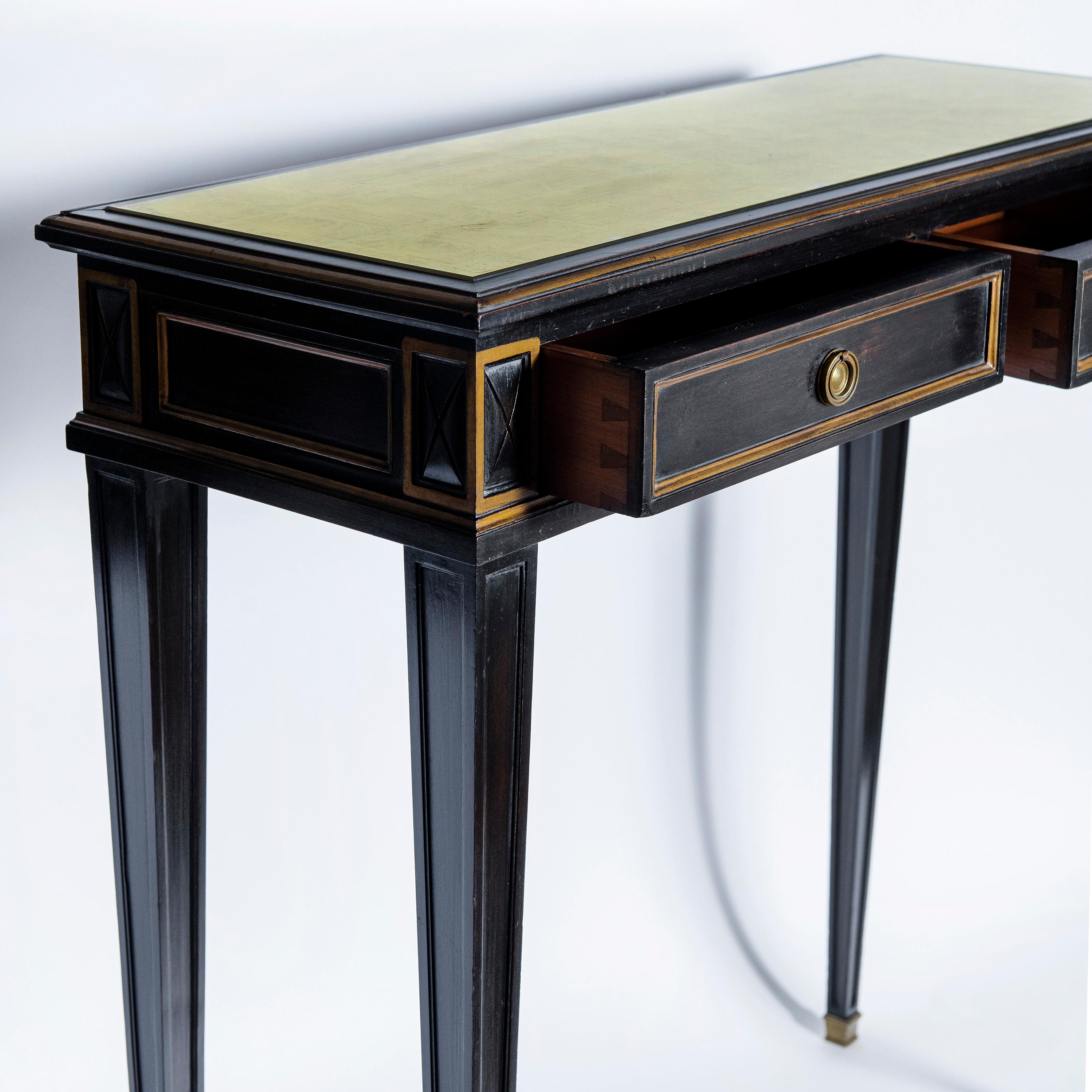 Louis XVI Patinated Wood and Bronze Console with Gold Leaf Glass, France, circa 1950