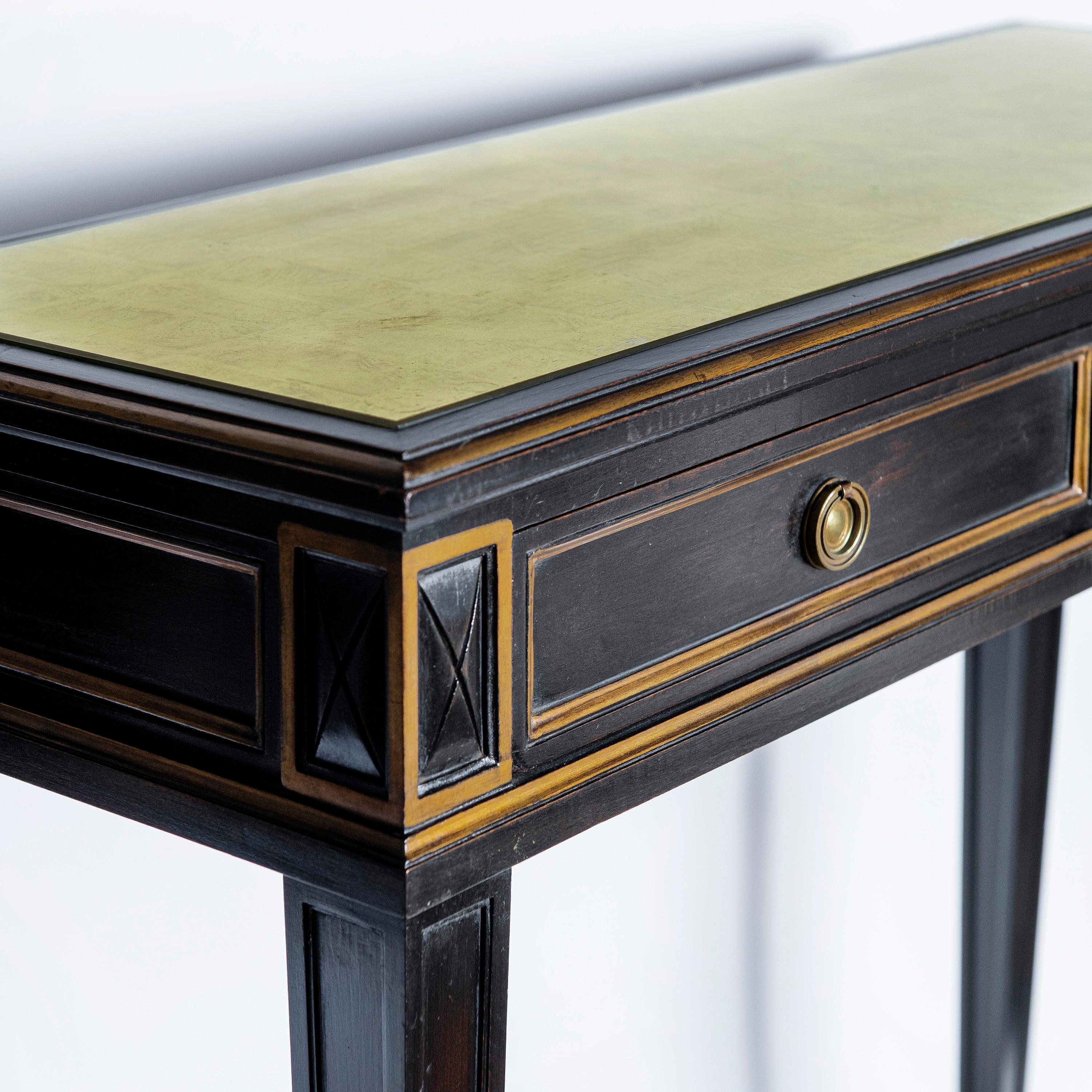 French Patinated Wood and Bronze Console with Gold Leaf Glass, France, circa 1950