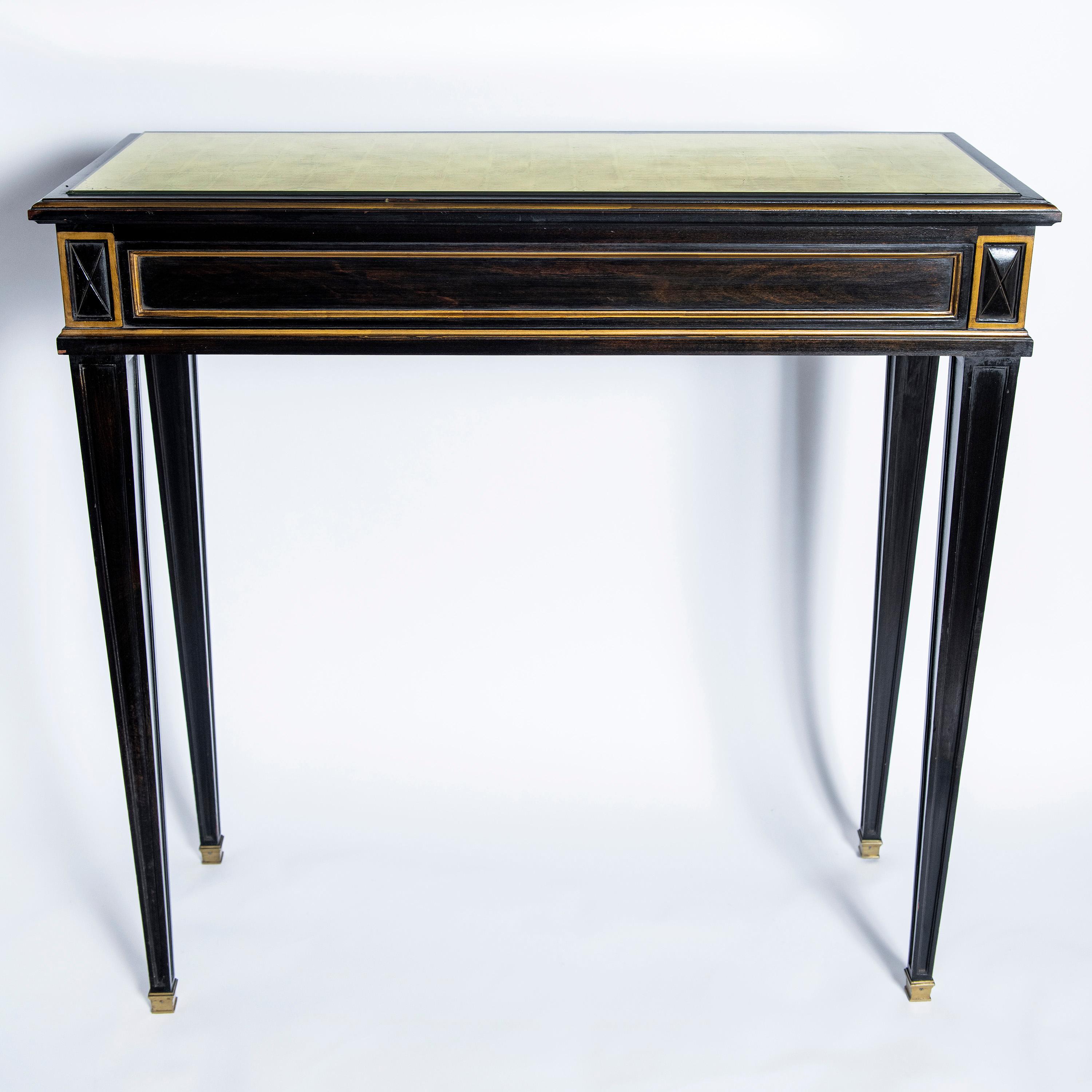 Patinated Wood and Bronze Console with Gold Leaf Glass, France, circa 1950 In Good Condition In Buenos Aires, Buenos Aires