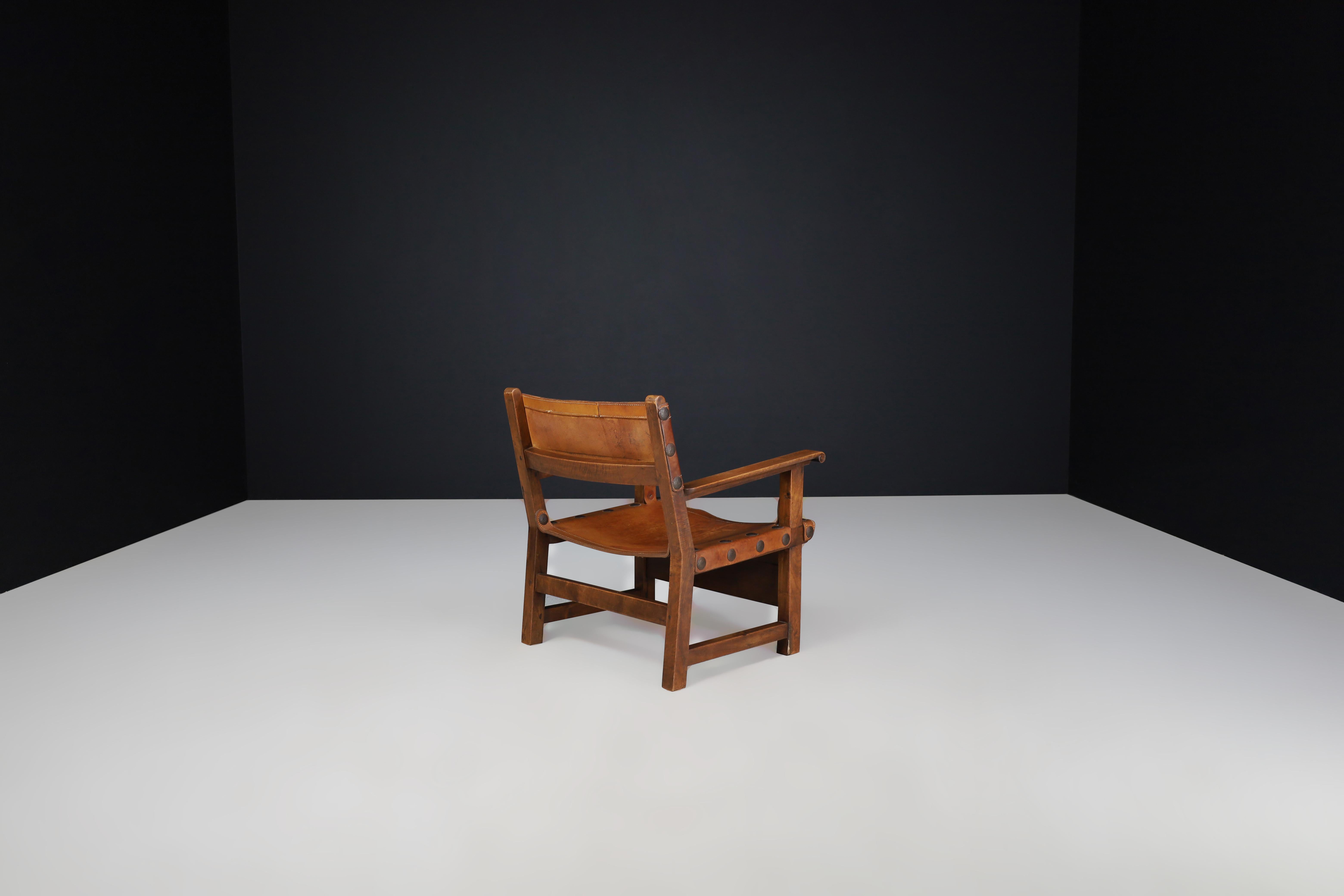 20th Century Patinated Wood and Cognac Leather 