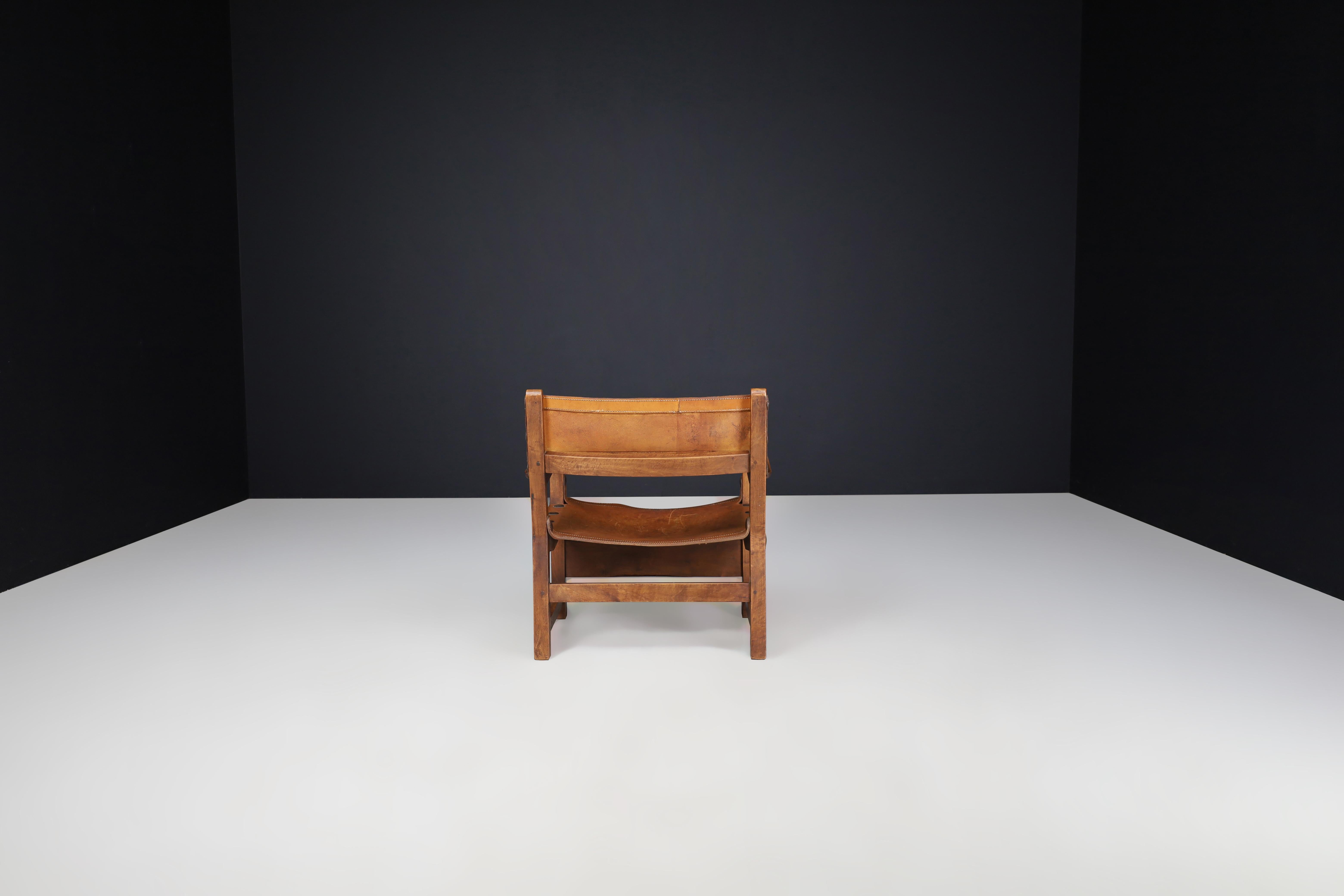 Metal Patinated Wood and Cognac Leather 