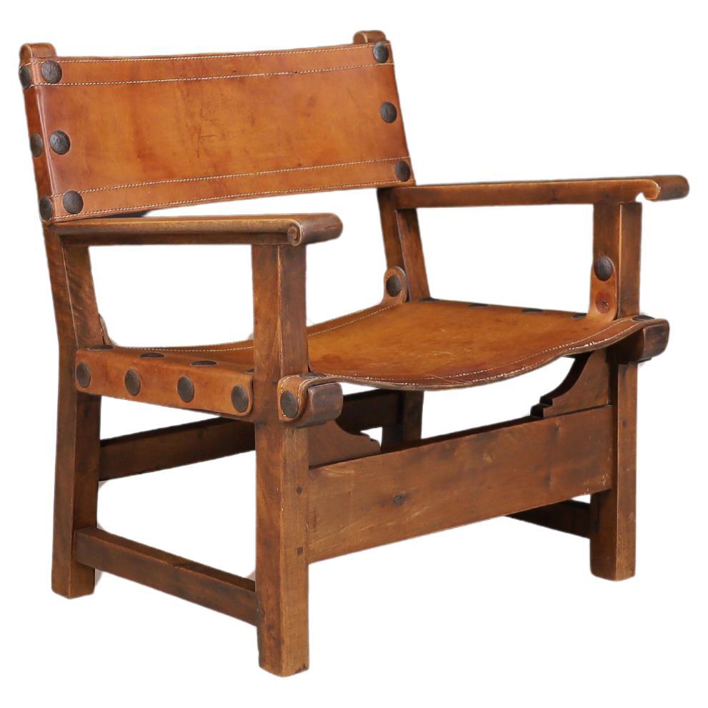 Patinated Wood and Cognac Leather "Spanish Chair" Spain, 1960s