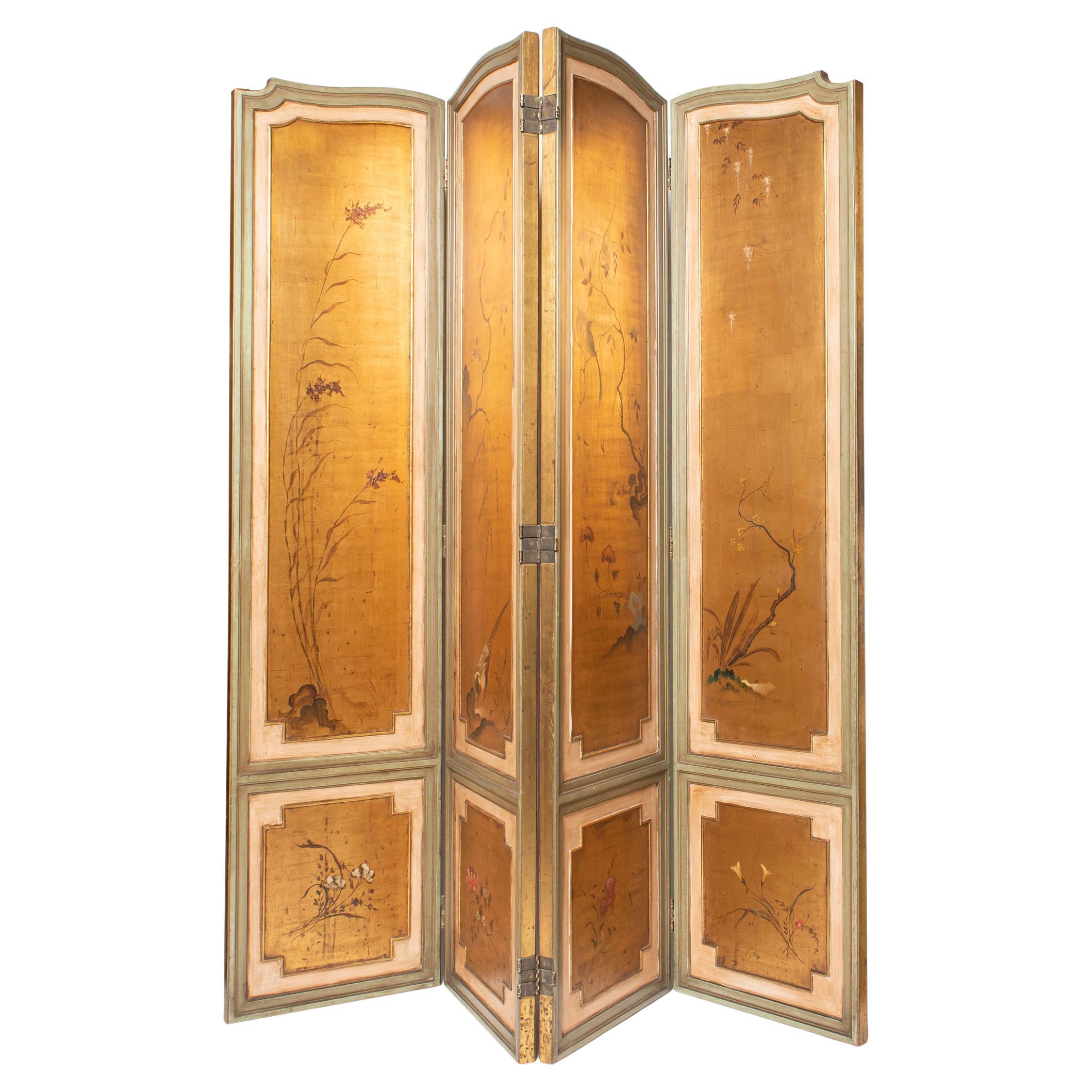 Patinated Wood and Gold Leaf Screen. France, Mid-20th Century For Sale