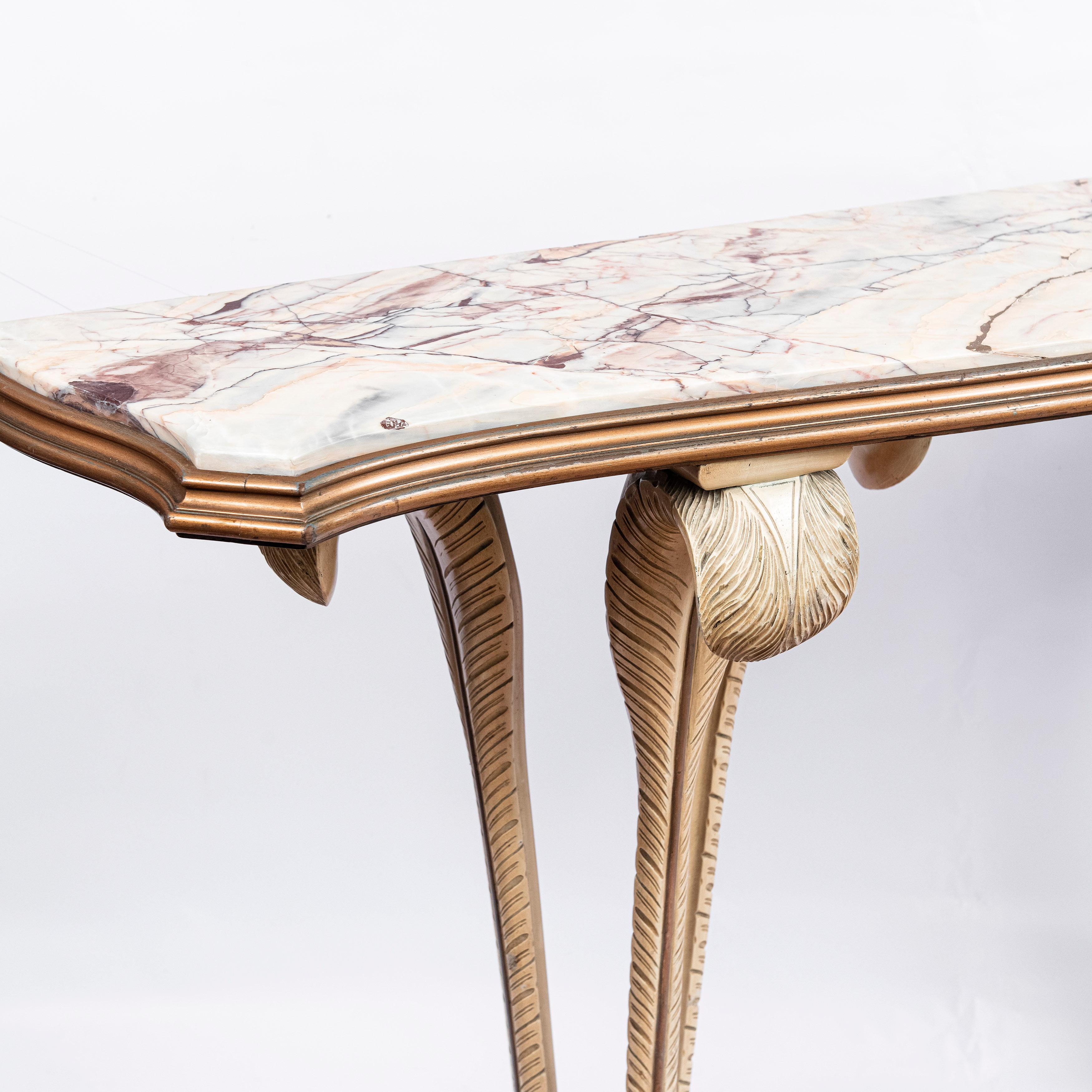 French Patinated Wood and Marble Console, France, circa 1950 For Sale