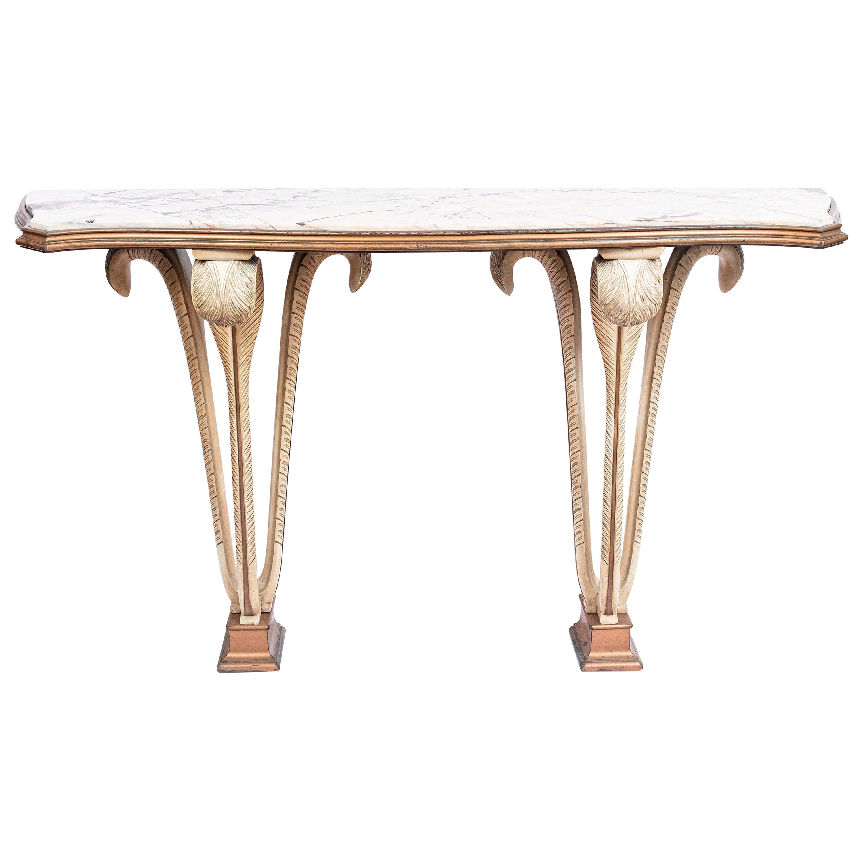 Patinated Wood and Marble Console, France, circa 1950