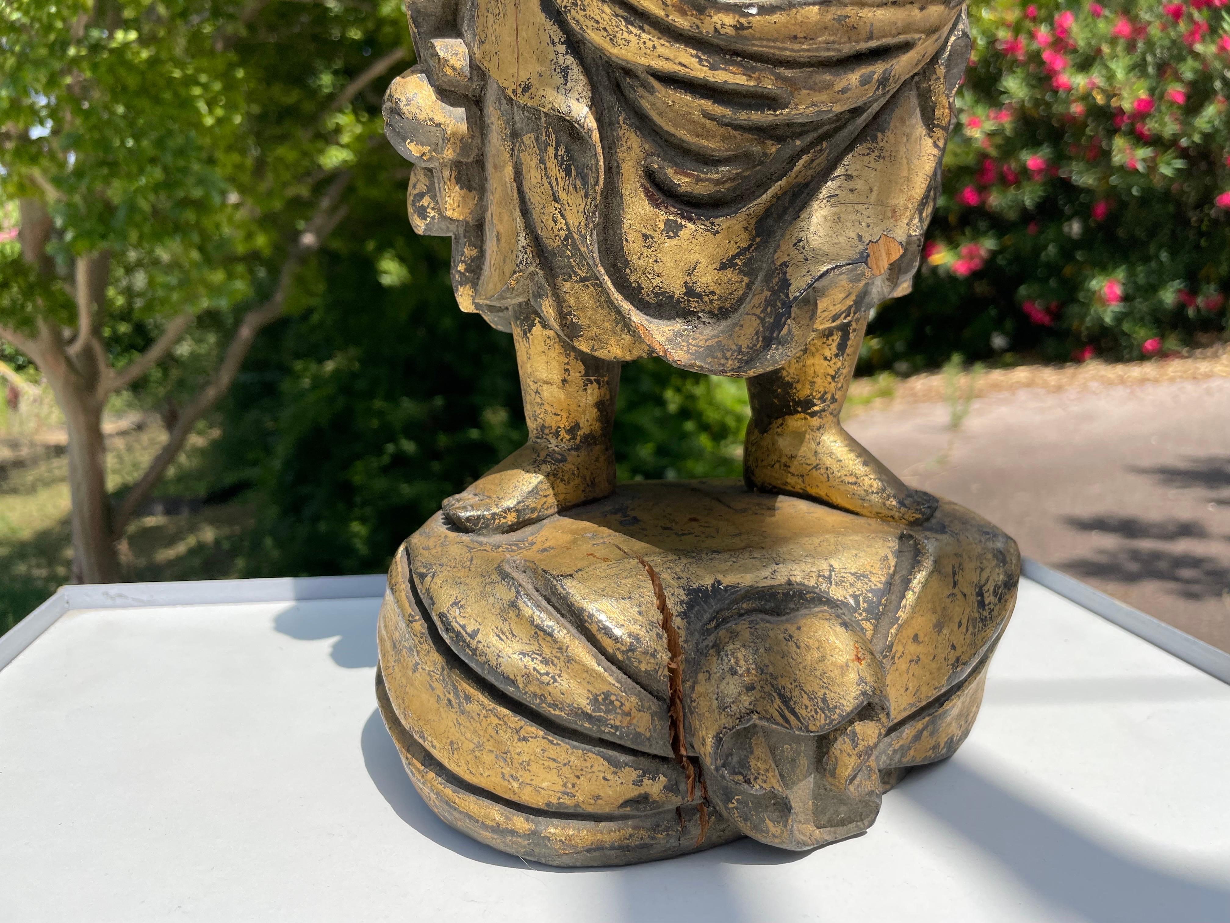XX secolo Patinated Wooden Sculpture, Representing Buddha, Early 20th Century, Gilt Color in vendita