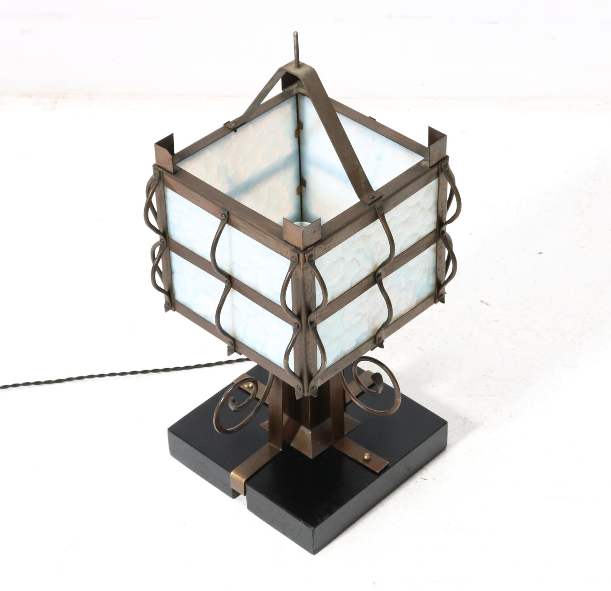 Opaline Glass Patinated Wrought Iron Arts & Crafts Table Lamp, 1900s For Sale