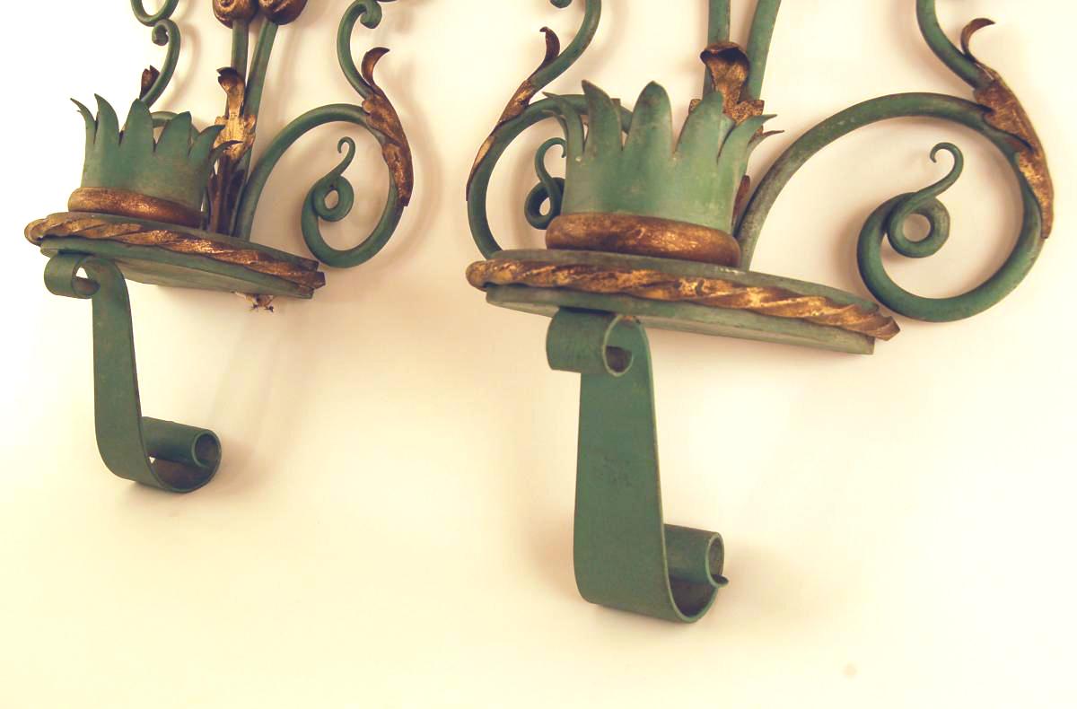 Mid-20th Century Patinated Wrought Iron Wall Sconces, 1940s, Set of 2 For Sale