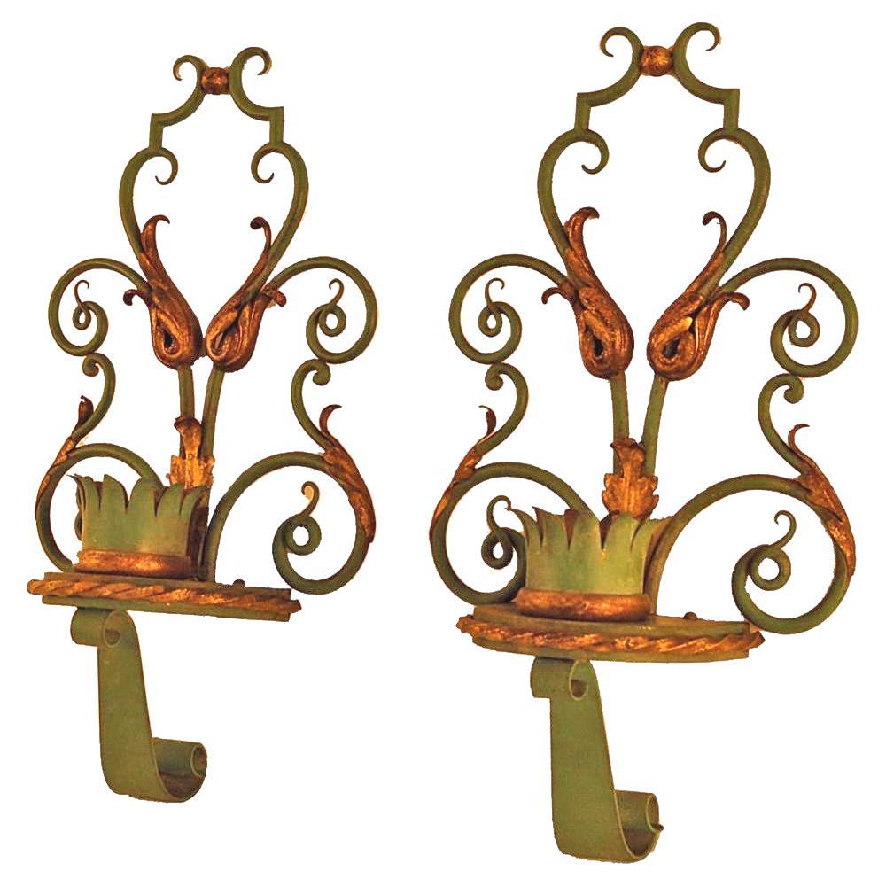 Patinated Wrought Iron Wall Sconces, 1940s, Set of 2 For Sale