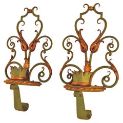 Patinated Wrought Iron Wall Sconces, 1940s, Set of 2