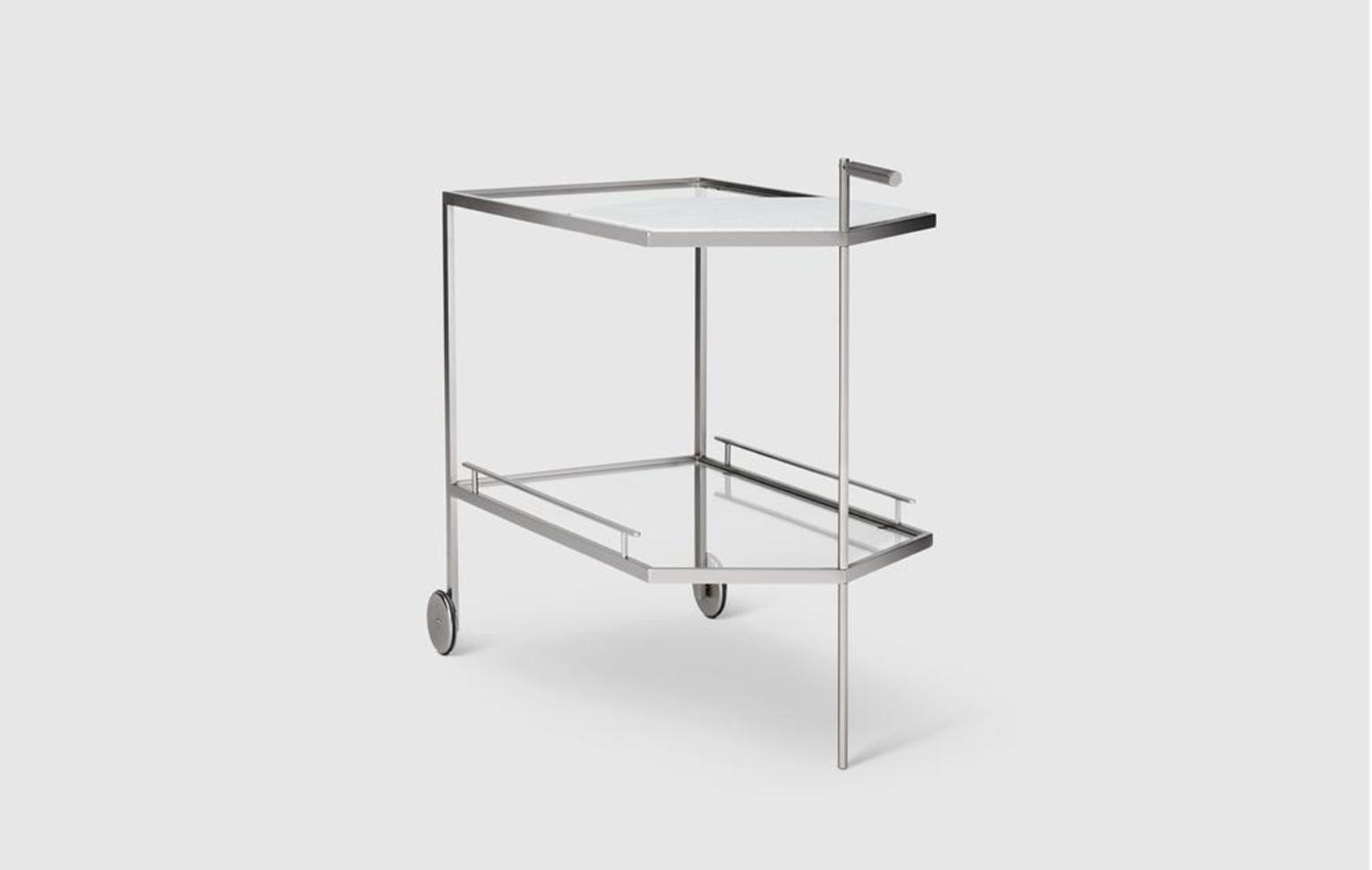 The Gin Lane bar cart, a Yabu Pushelberg design study in restrained luxury, leaves behind the ill-conceived and pretentious notions of luxury and want-to-be Hamptons style. Revealing a functional and minimal beauty that tips it’s hat to the original