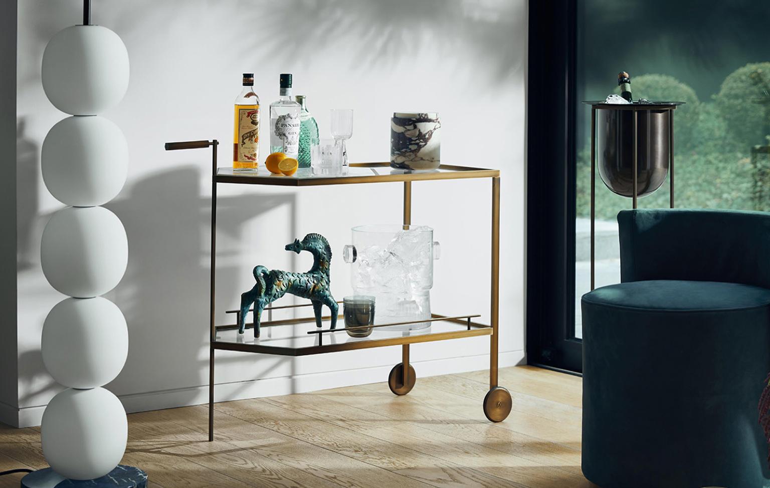 Mid-Century Modern Patinted Brass and Carrara or Smoked Steel and Calacutta Marble Bar Cart