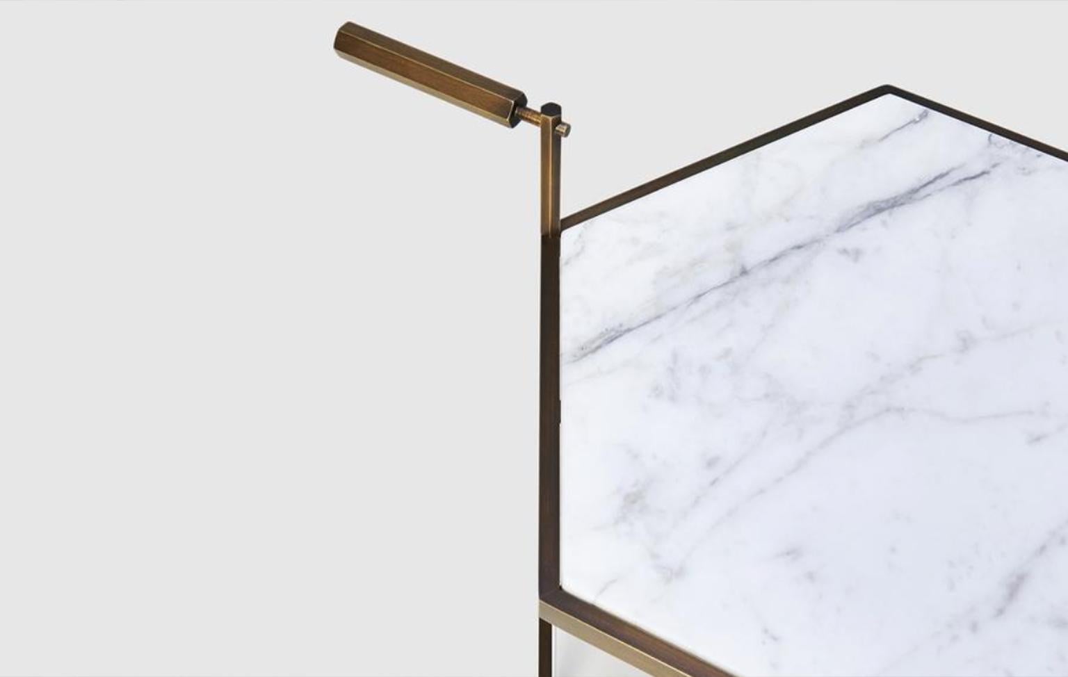Patinated Patinted Brass and Carrara or Smoked Steel and Calacutta Marble Bar Cart