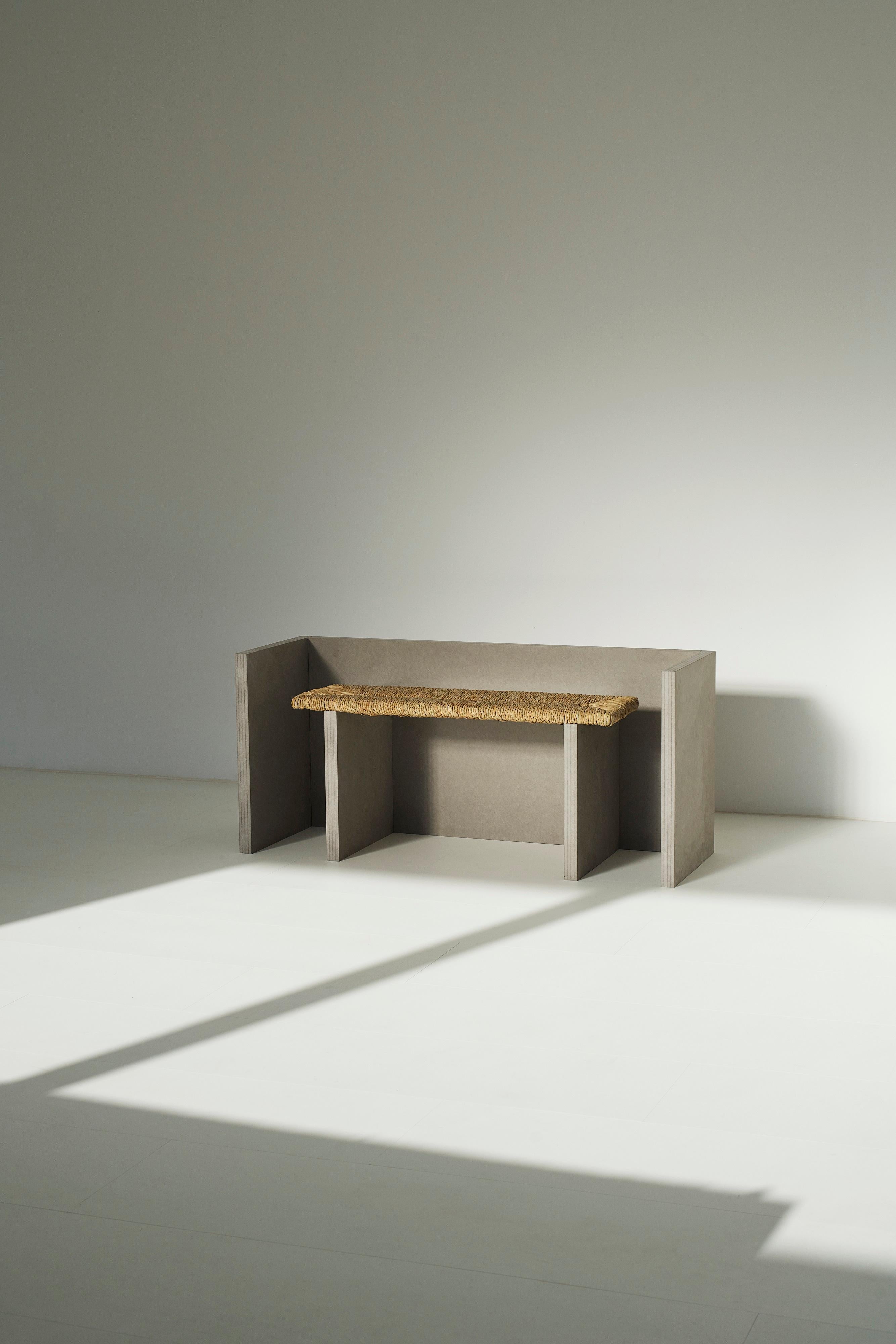 Patio Bench by Marta Ayala Herrera
Dimensions: D 37 x W 112 x H 50 cm.
Materials: MDF and woven bulrush.

This piece can be customized in different wood options and colors. Prices may vary. Please contact us.

Marta Ayala Herrera (Córdoba, Spain)
