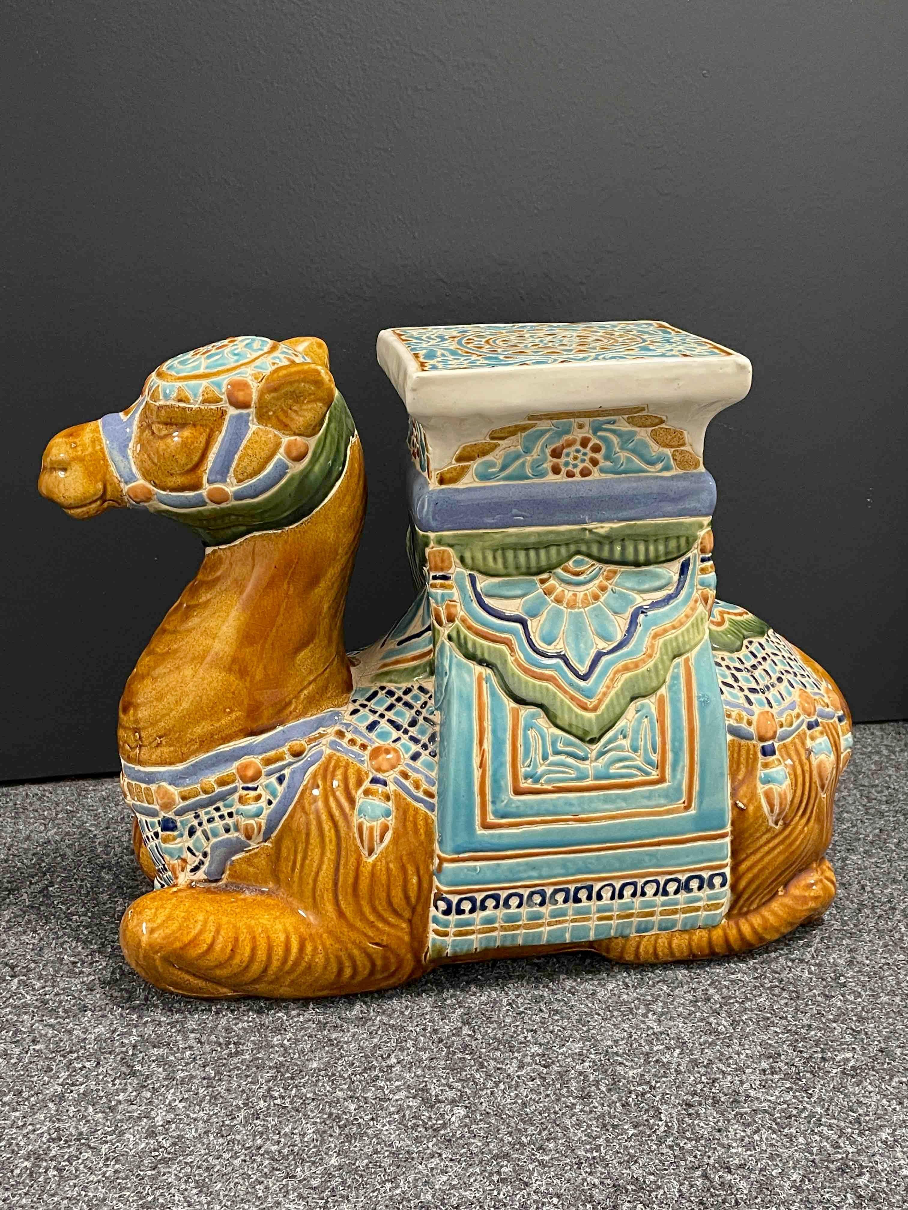 Mid-20th century glazed ceramic camel garden stool, flower pot seat or side table. Handcrafted ceramic. Nice addition to your home, patio or garden area.
  