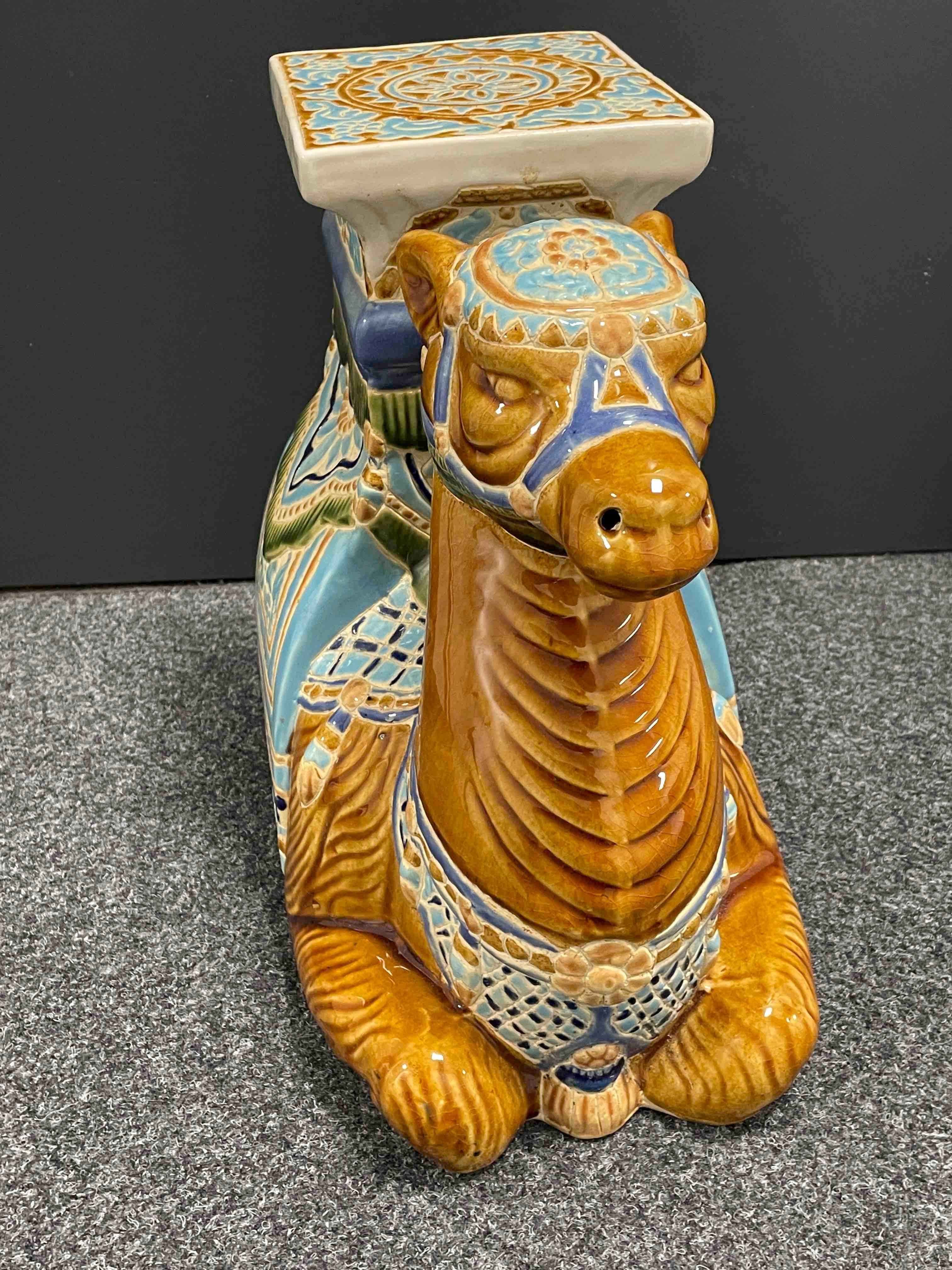 German Patio Decoration Ceramic Hollywood Regency Camel Garden Stool or Side Table