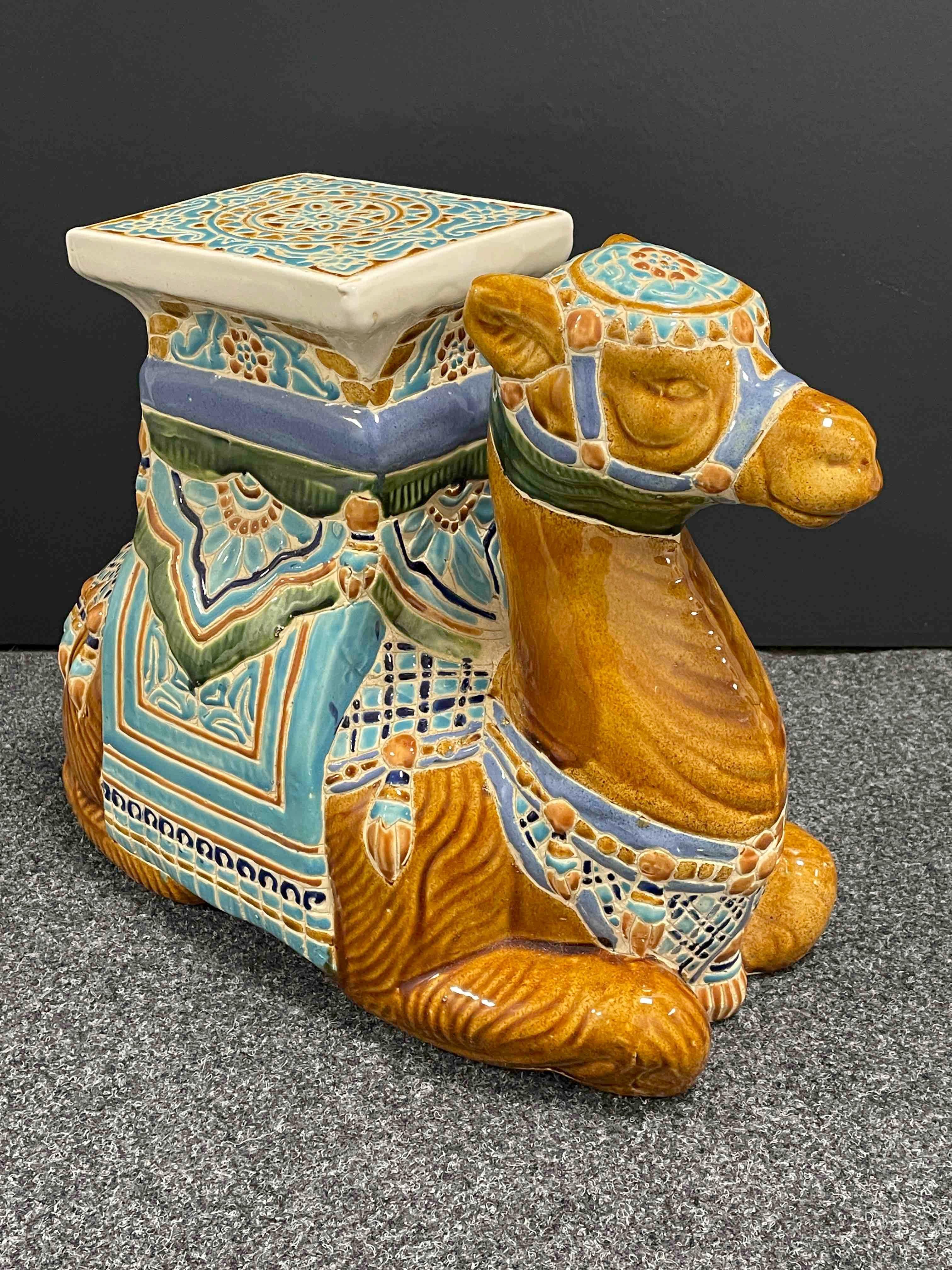 German Patio Decoration Ceramic Hollywood Regency Camel Garden Stool or Side Table