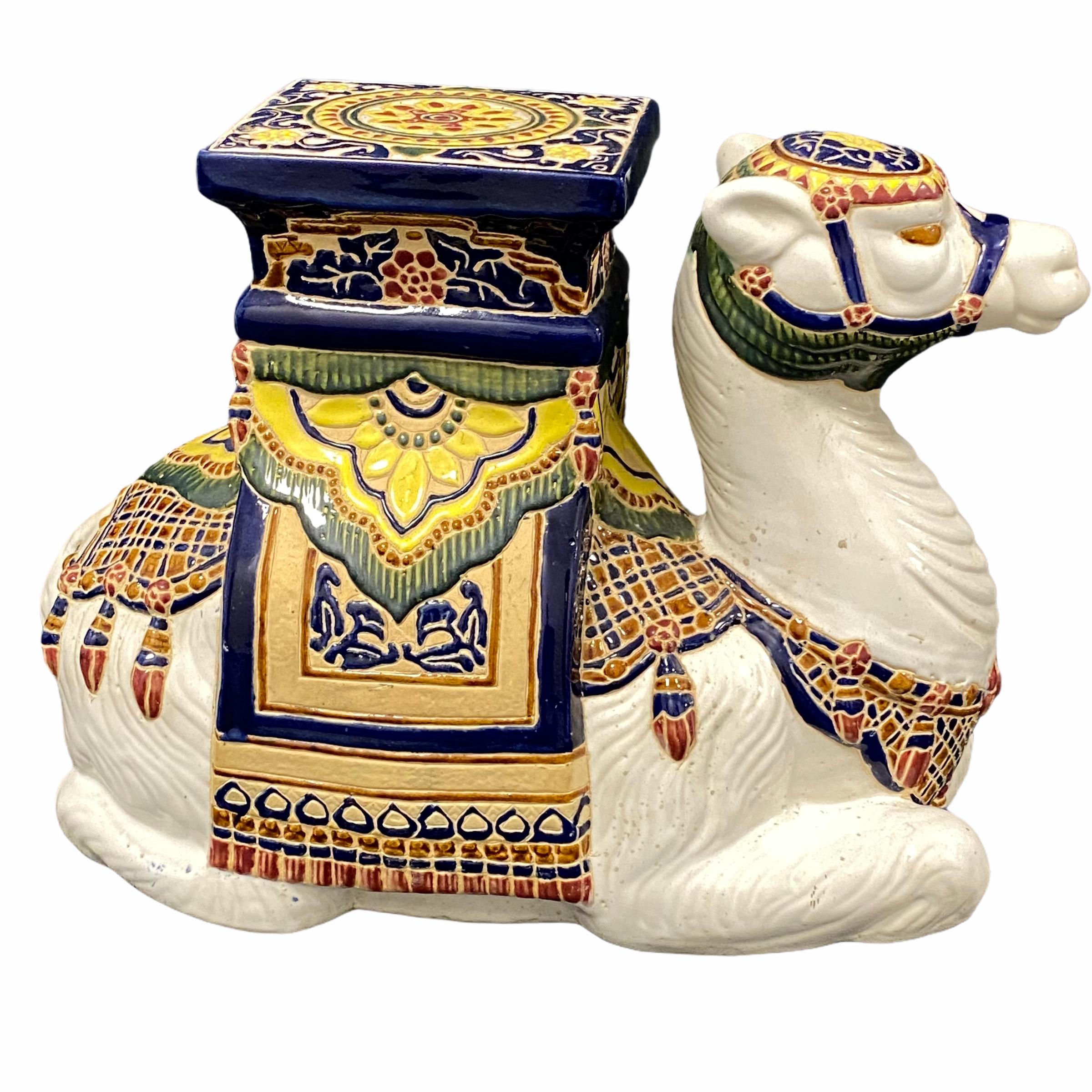 German Patio Decoration Ceramic Hollywood Regency Camel Garden Stool or Side Table For Sale