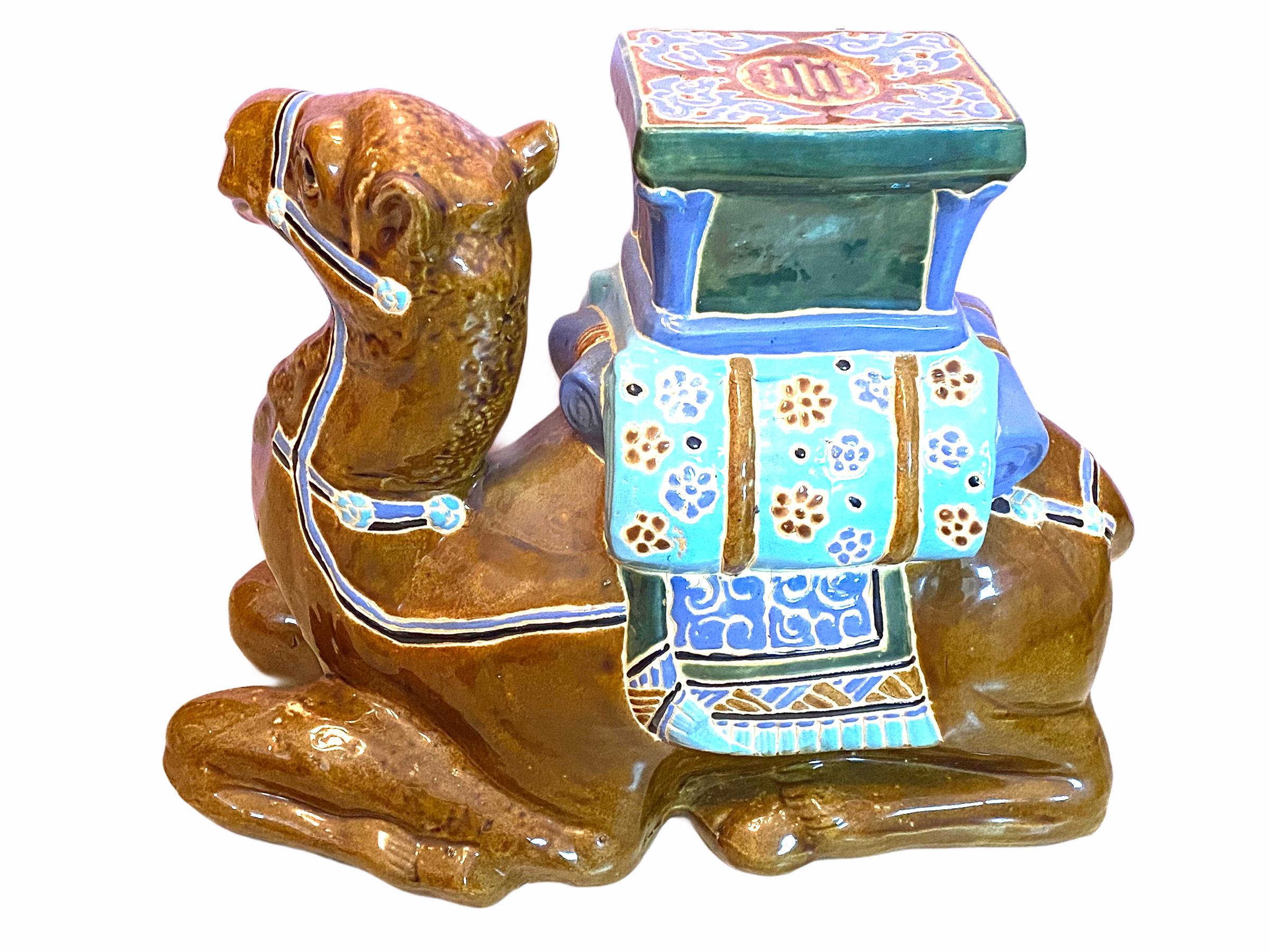 Mid-20th Century Patio Decoration Ceramic Hollywood Regency Camel Garden Stool or Side Table