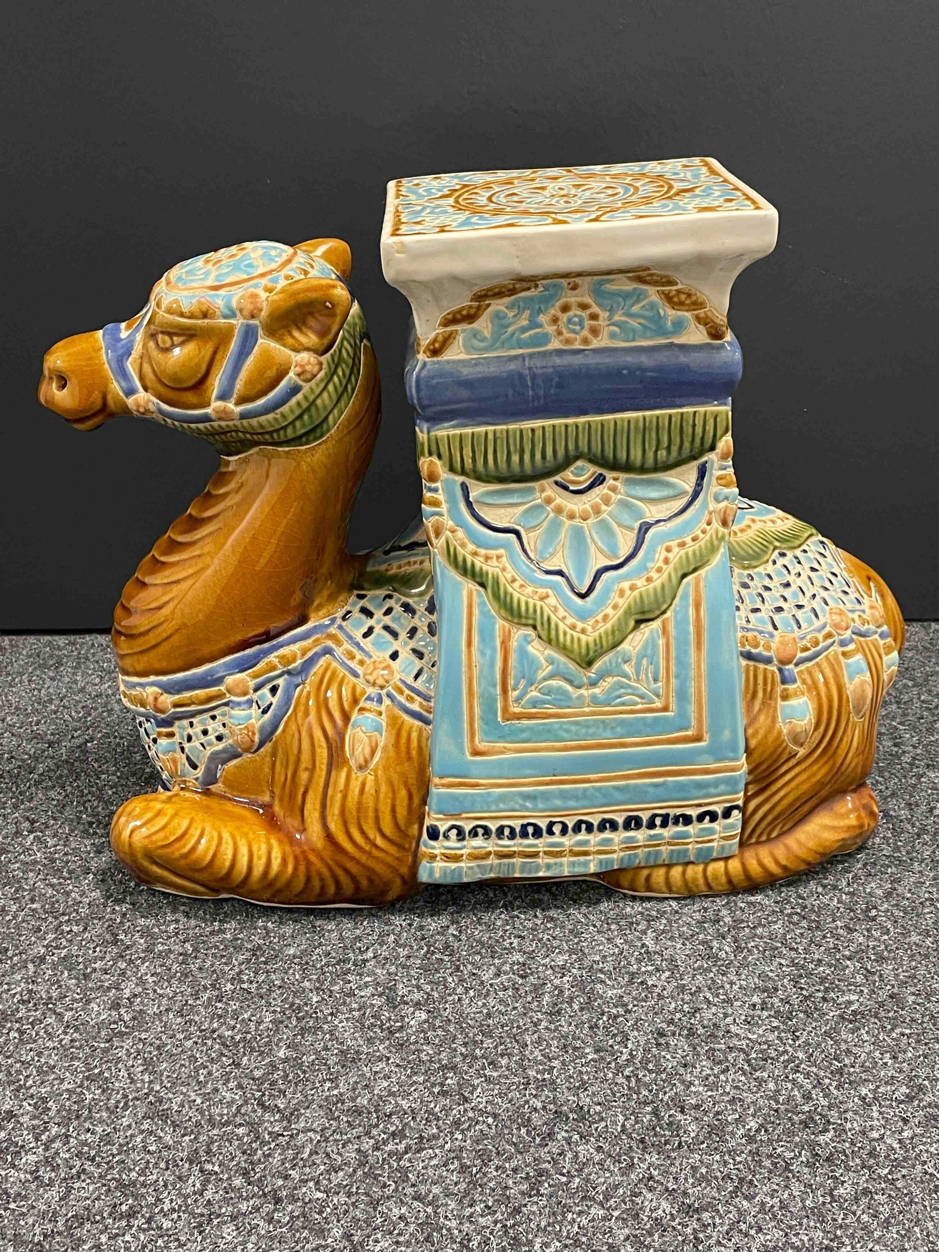 Mid-20th Century Patio Decoration Ceramic Hollywood Regency Camel Garden Stool or Side Table