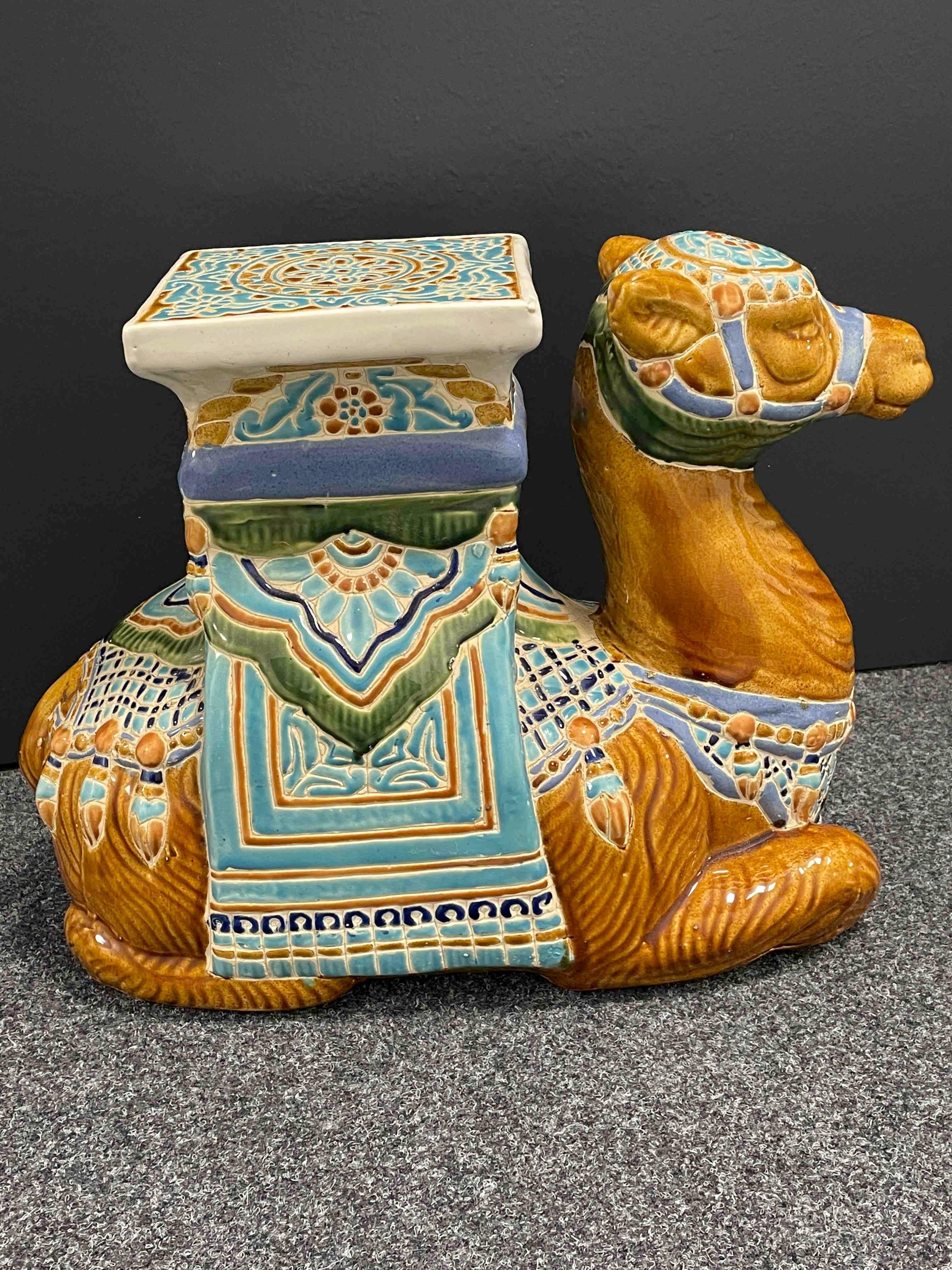 Mid-20th Century Patio Decoration Ceramic Hollywood Regency Camel Garden Stool or Side Table