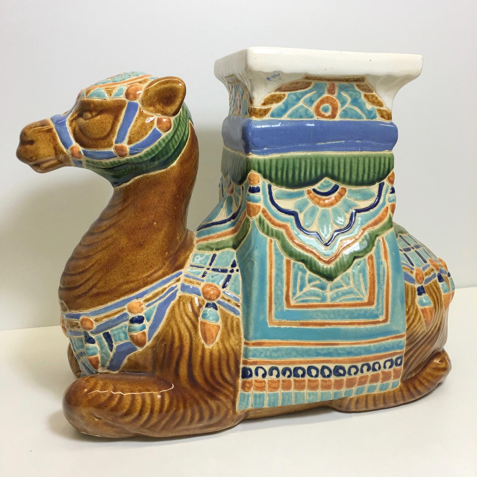 German Patio Decoration Ceramic Hollywood Regency Camel Garden Stool or Side Table