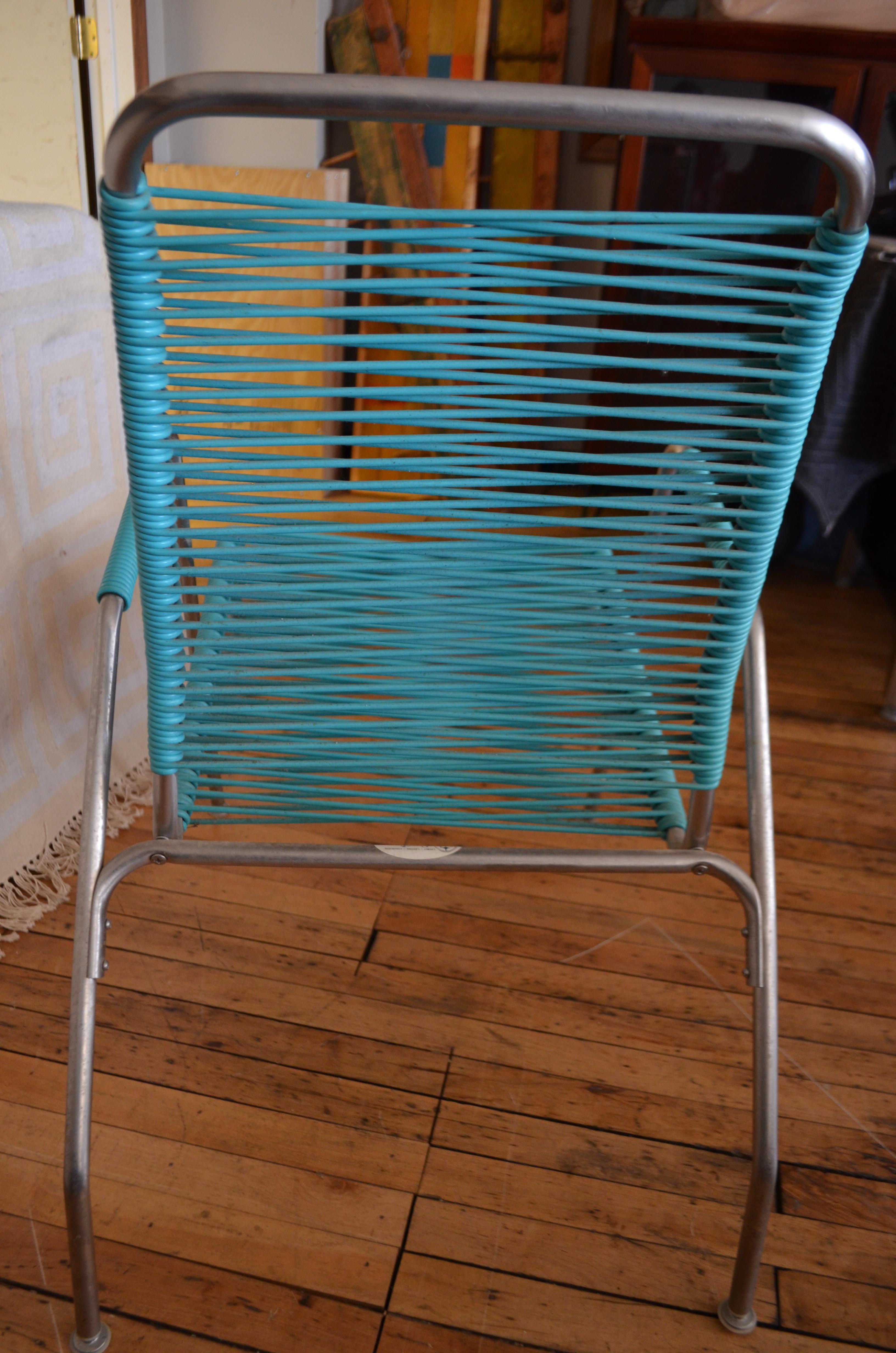 Mid-20th Century Patio Furniture by Surf Line, 2 Lounge Chairs, 1 Chaise in Stainless and Aqua For Sale