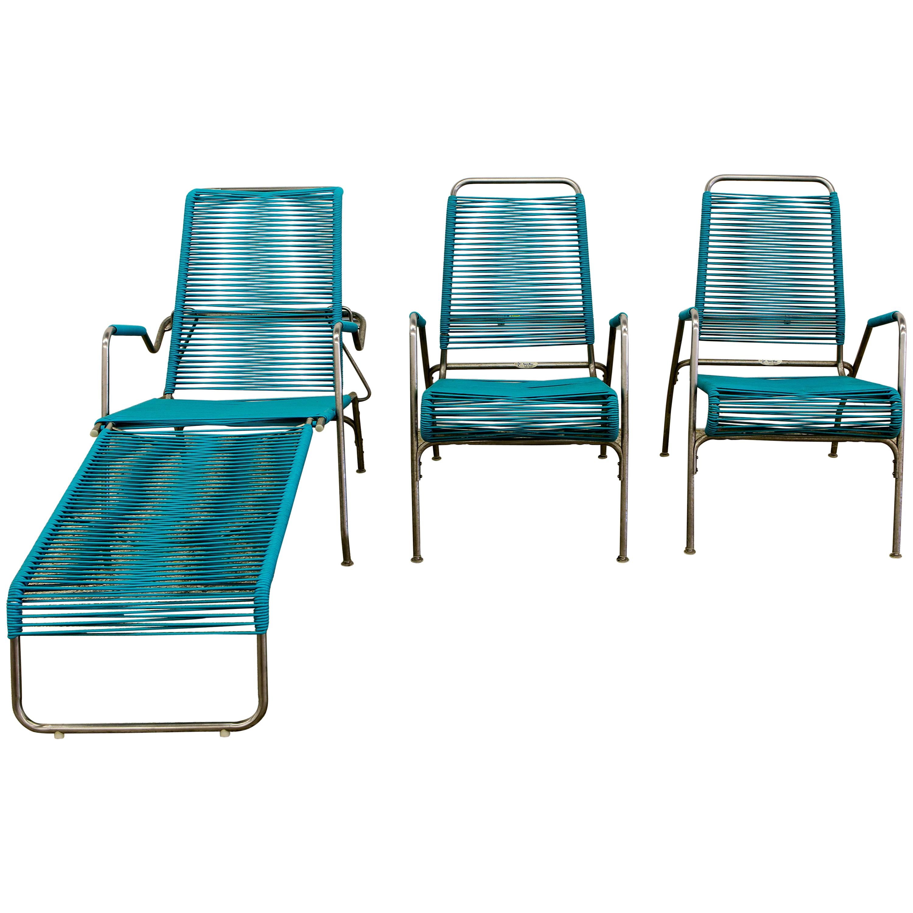 Patio Furniture by Surf Line, 2 Lounge Chairs, 1 Chaise in Stainless and Aqua 