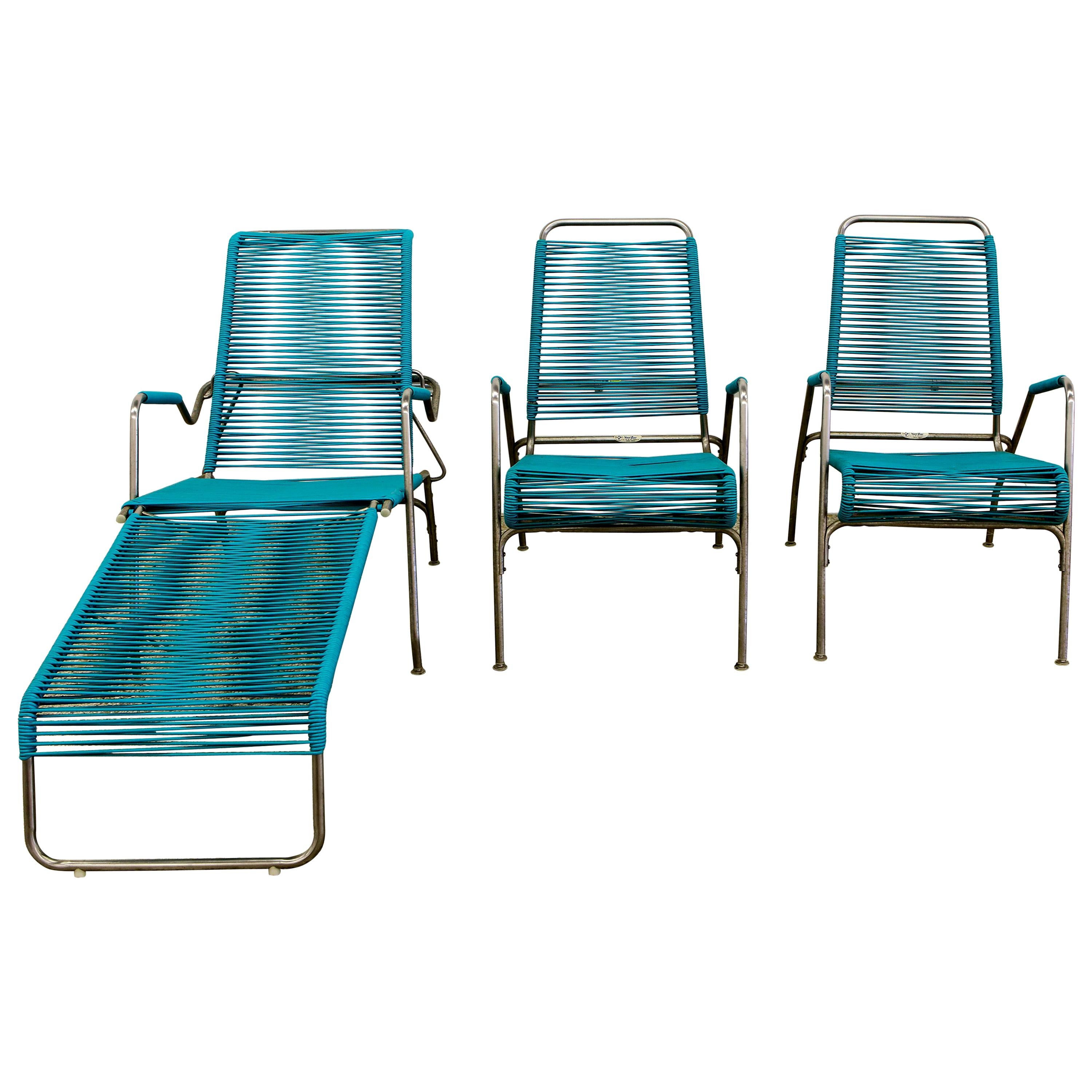 Patio Furniture by Surf Line, 2 Lounge Chairs, 1 Chaise in Stainless and Aqua For Sale