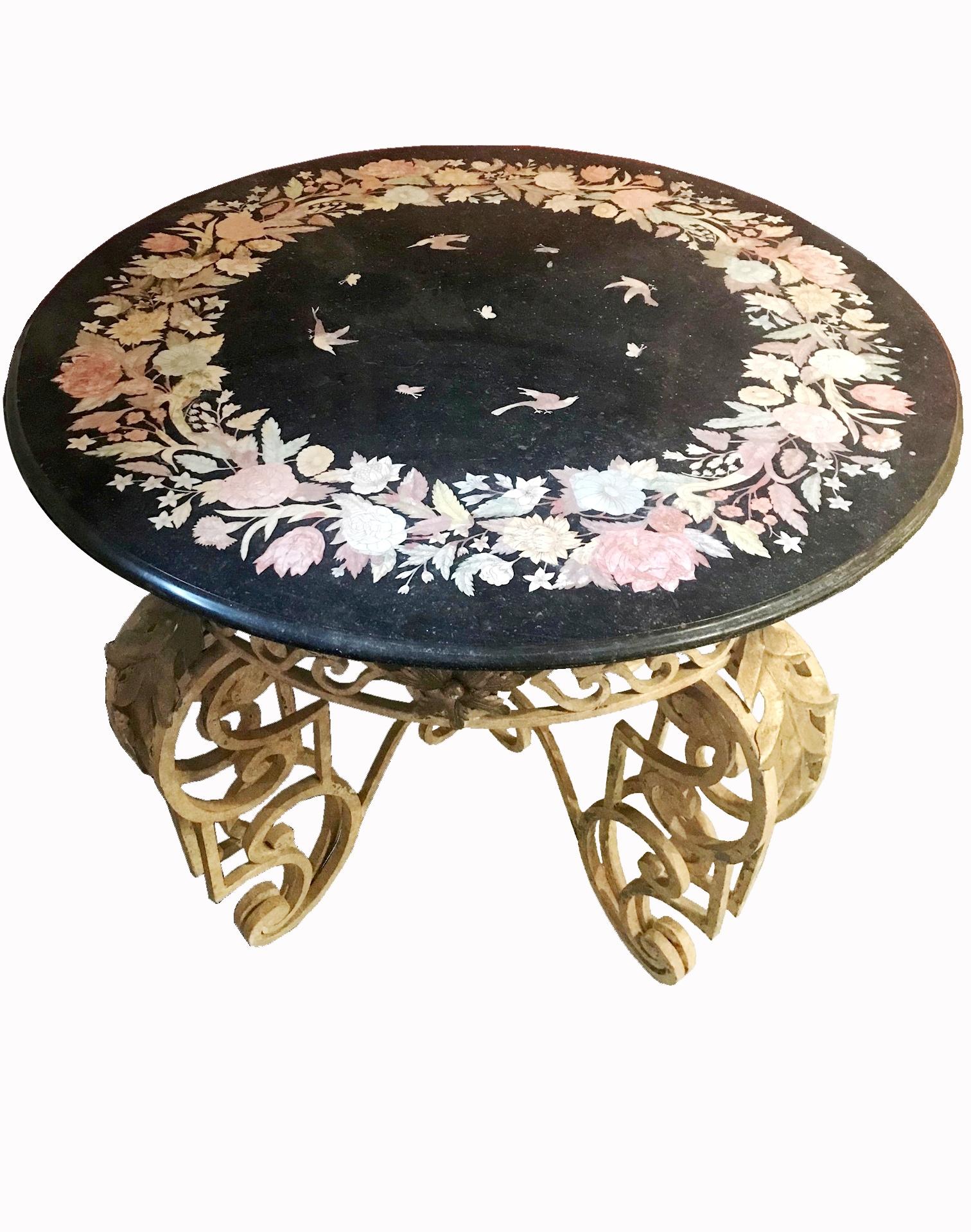 Italian Patio Iron Table with Inlaid Marble Top