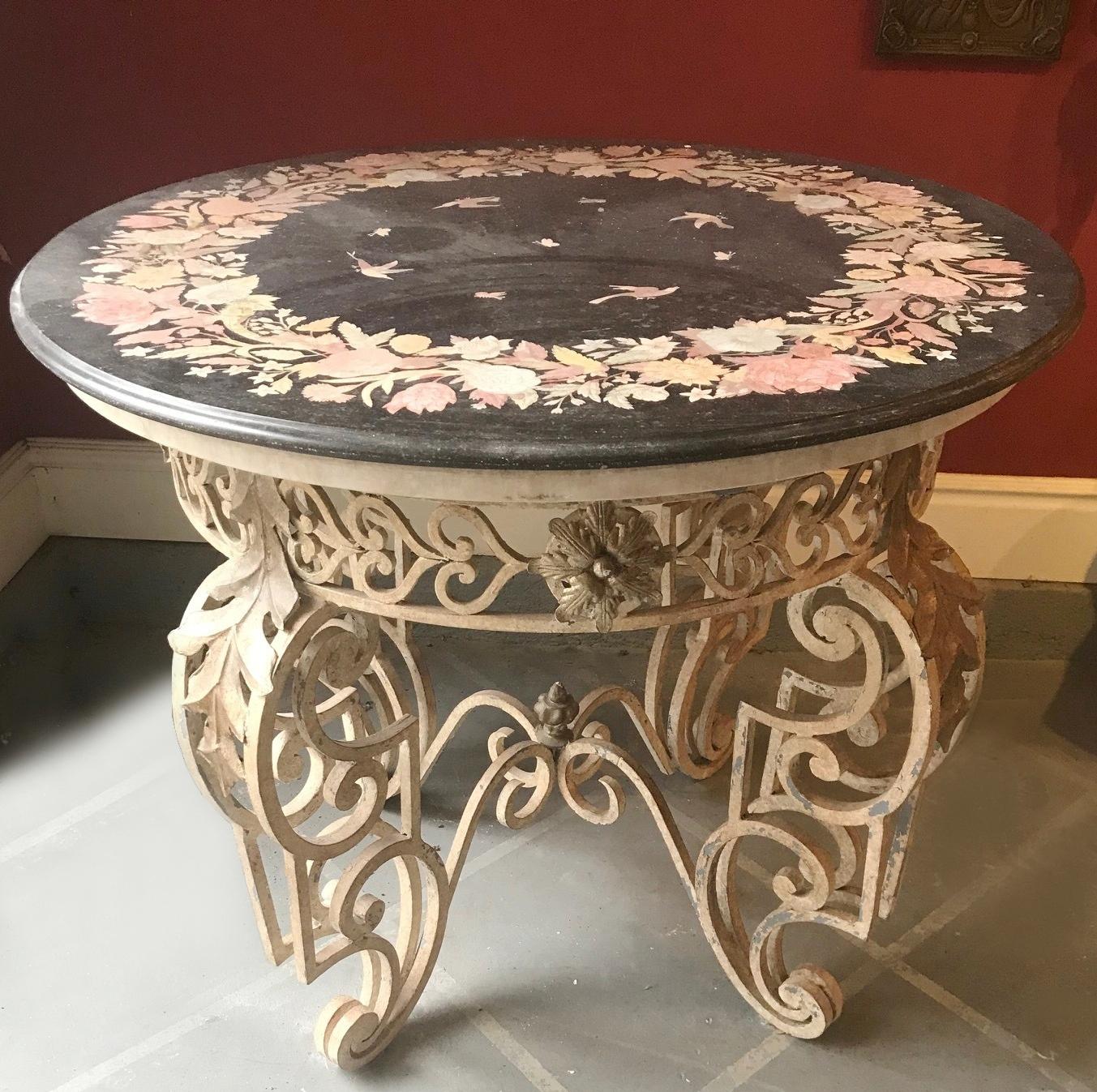 Hand-Crafted Patio Iron Table with Inlaid Marble Top